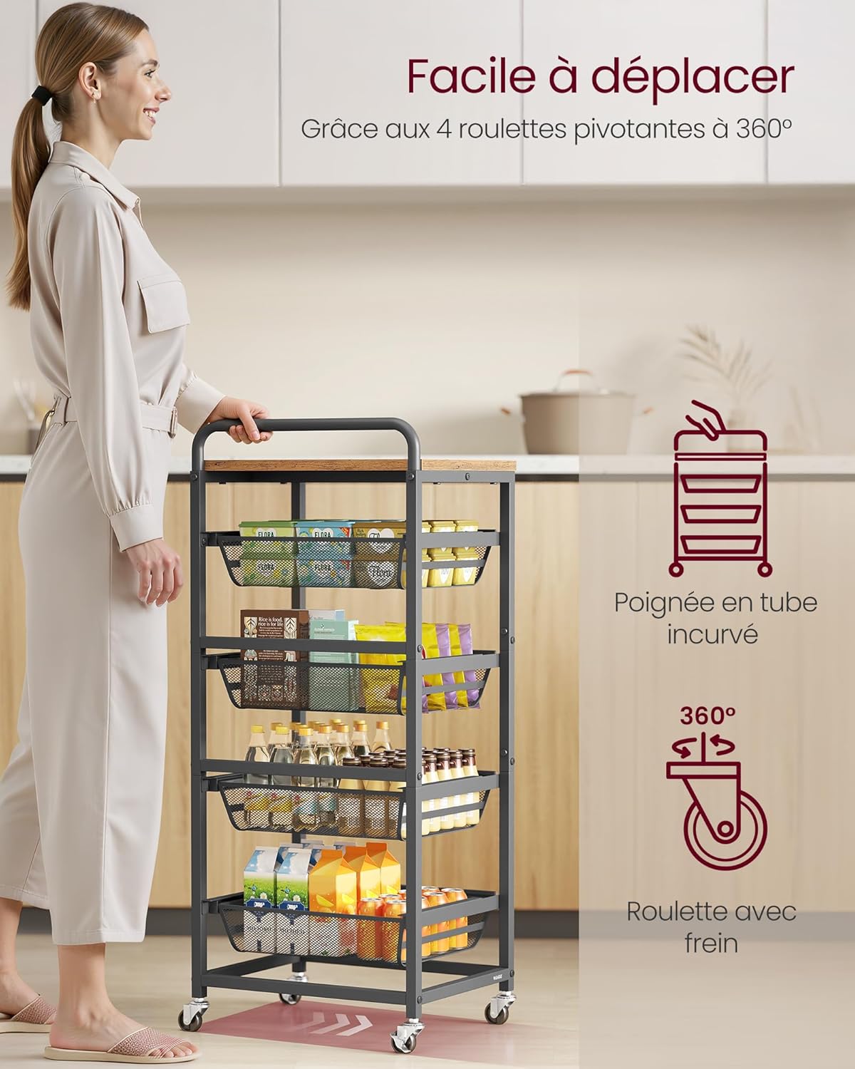 VASAGLE - chariot 5 niveaux, paniers extractibles, 31,7x40x95 cm, roulettes, poignée, LRC041K01