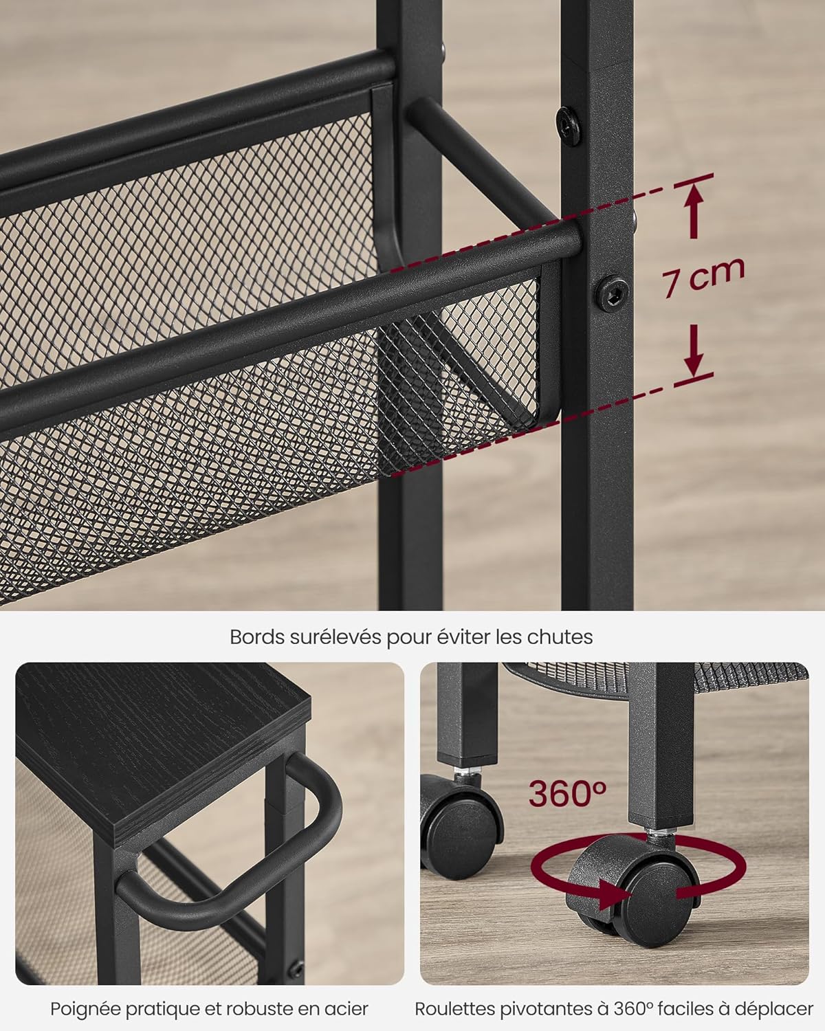 VASAGLE - Desserte 4 niveaux - 13x45,4x77cm - acier, roulettes, poignée - LRC032B04