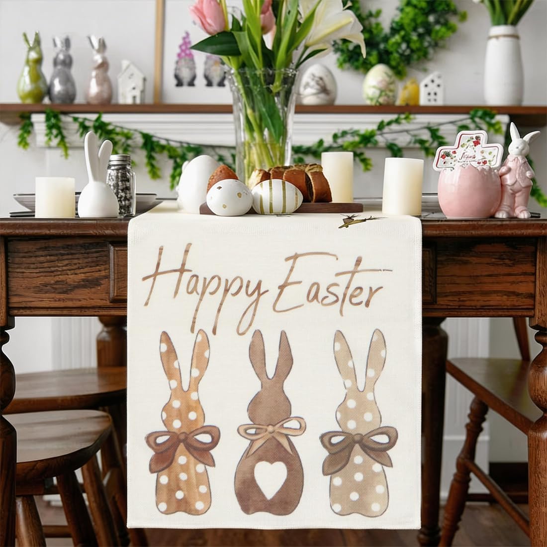 Chemin de table Pâques - motif lapin, 33x180 cm, lavable, déco salon