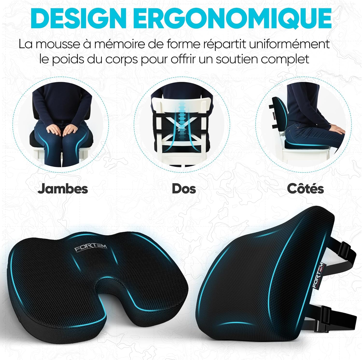 FORTEM - coussin lombaire et assise - mousse mémoire - antidérapant, soutien dos, confort prolongé