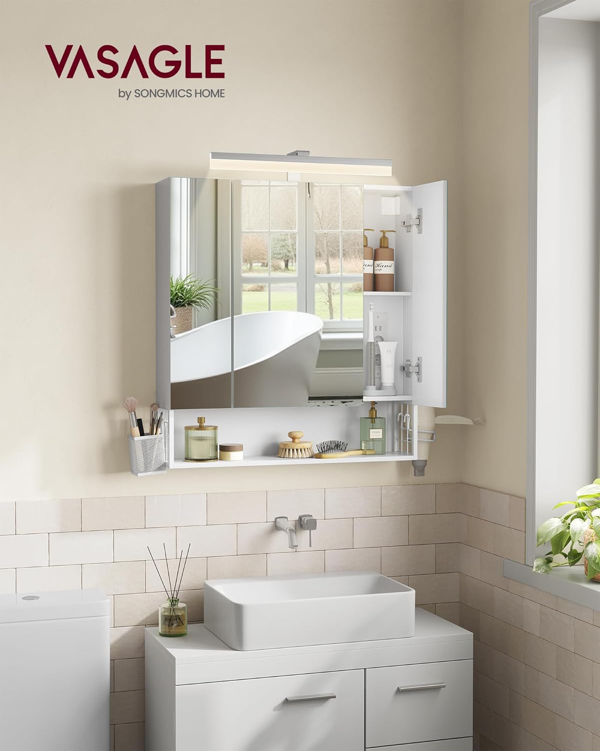 VASAGLE - meuble salle de bain LED, 16.5x70x75 cm, multiprise, BBK126W01