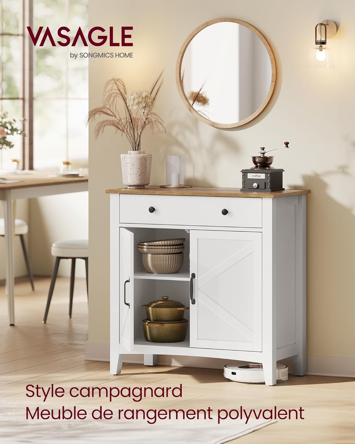 VASAGLE - buffet campagne, 40x80x80 cm, tiroir, étagère, portes, BBK341W02