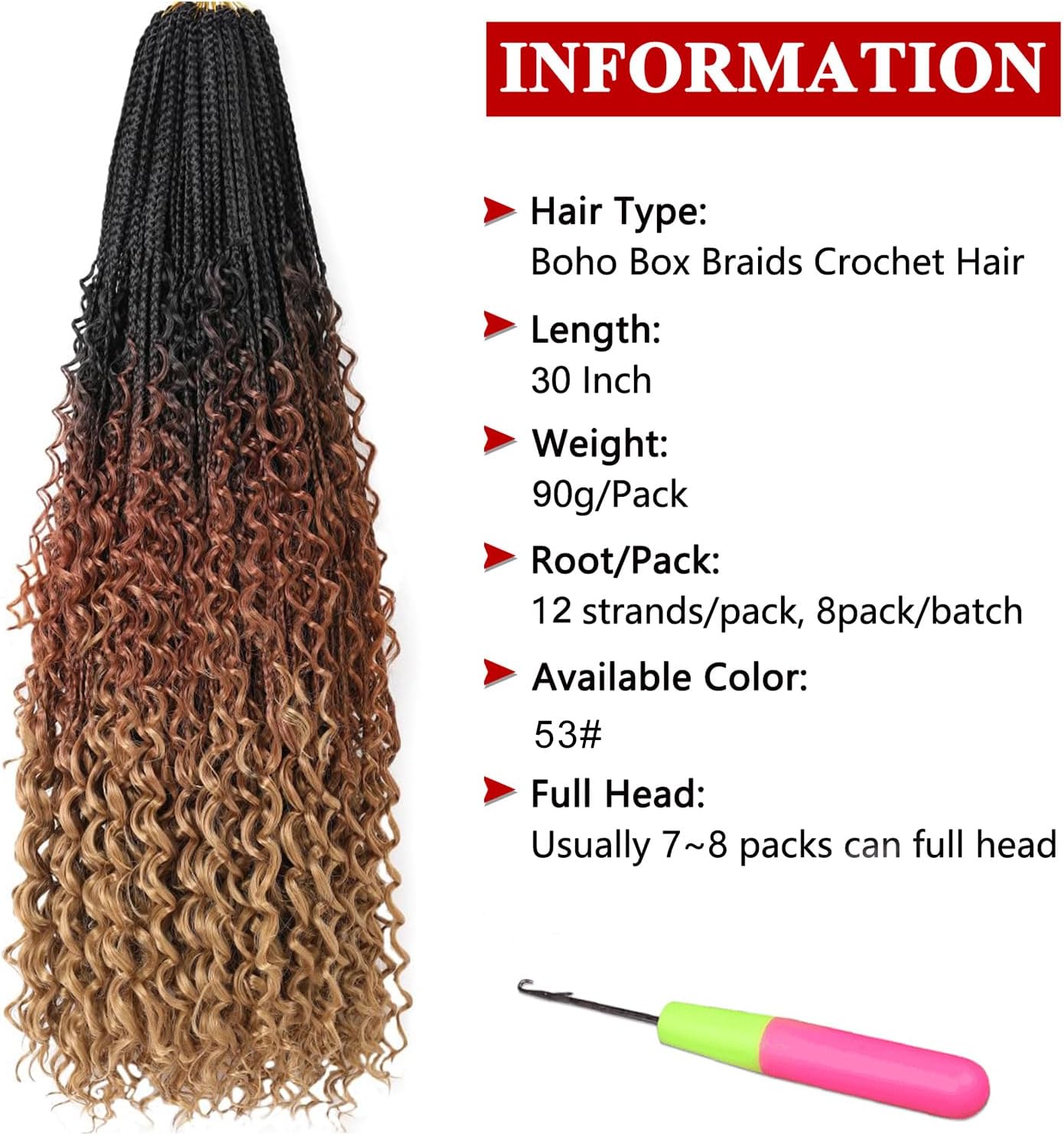 Xtrend - extensions tressées longues 76 cm - bouclées préformées, 8 paquets, 12 mèches/pqt, noir - 53#