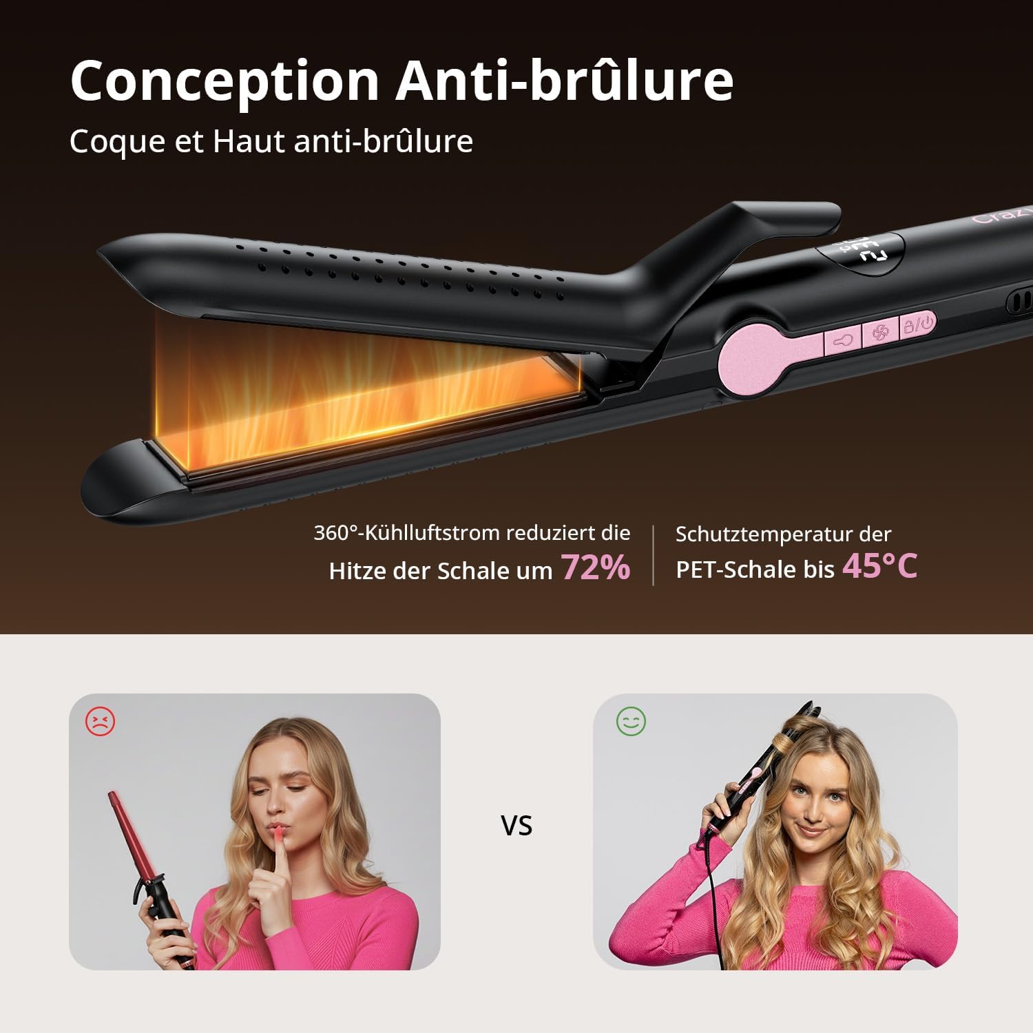 Lisseur boucleur 2-en-1 - 9 températures, ionique, cool air, 110-230°C, coiffure maison & voyage