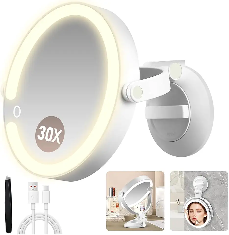 Miroir grossissant double face, ventouse, éclairage 3 modes, 30 compartiments