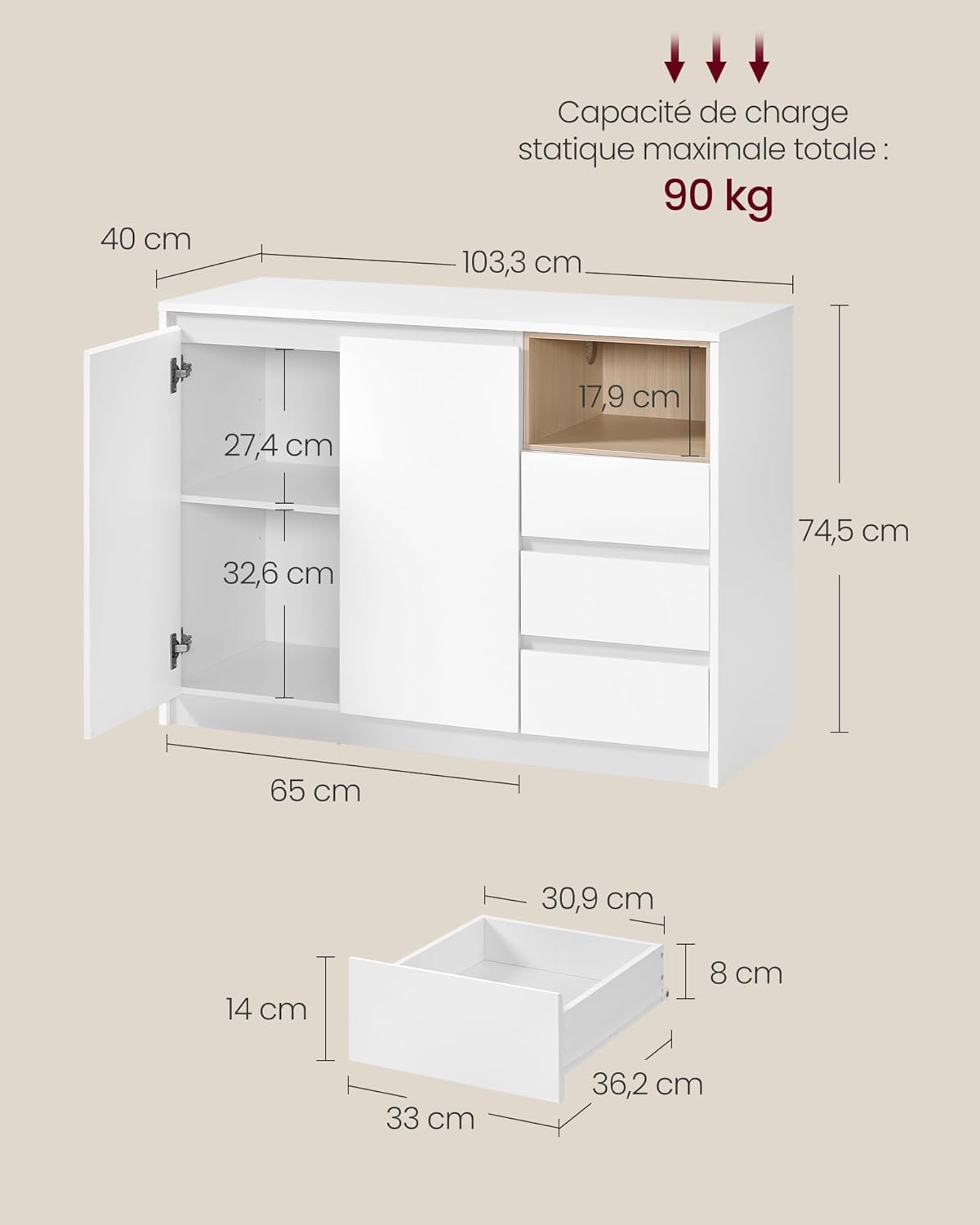 VASAGLE - Kailyn - 103,3x40x74,5 cm - buffet 3 tiroirs, étagère réglable BBK273W21V1