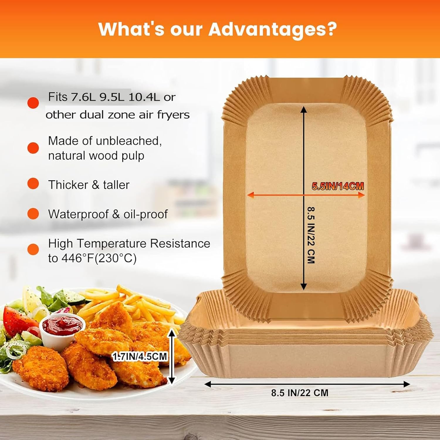 Papier cuisson rectangulaire - 22x14cm - 120pcs, compatible friteuses 7.6-9.5L - AF300EU/AF400EU