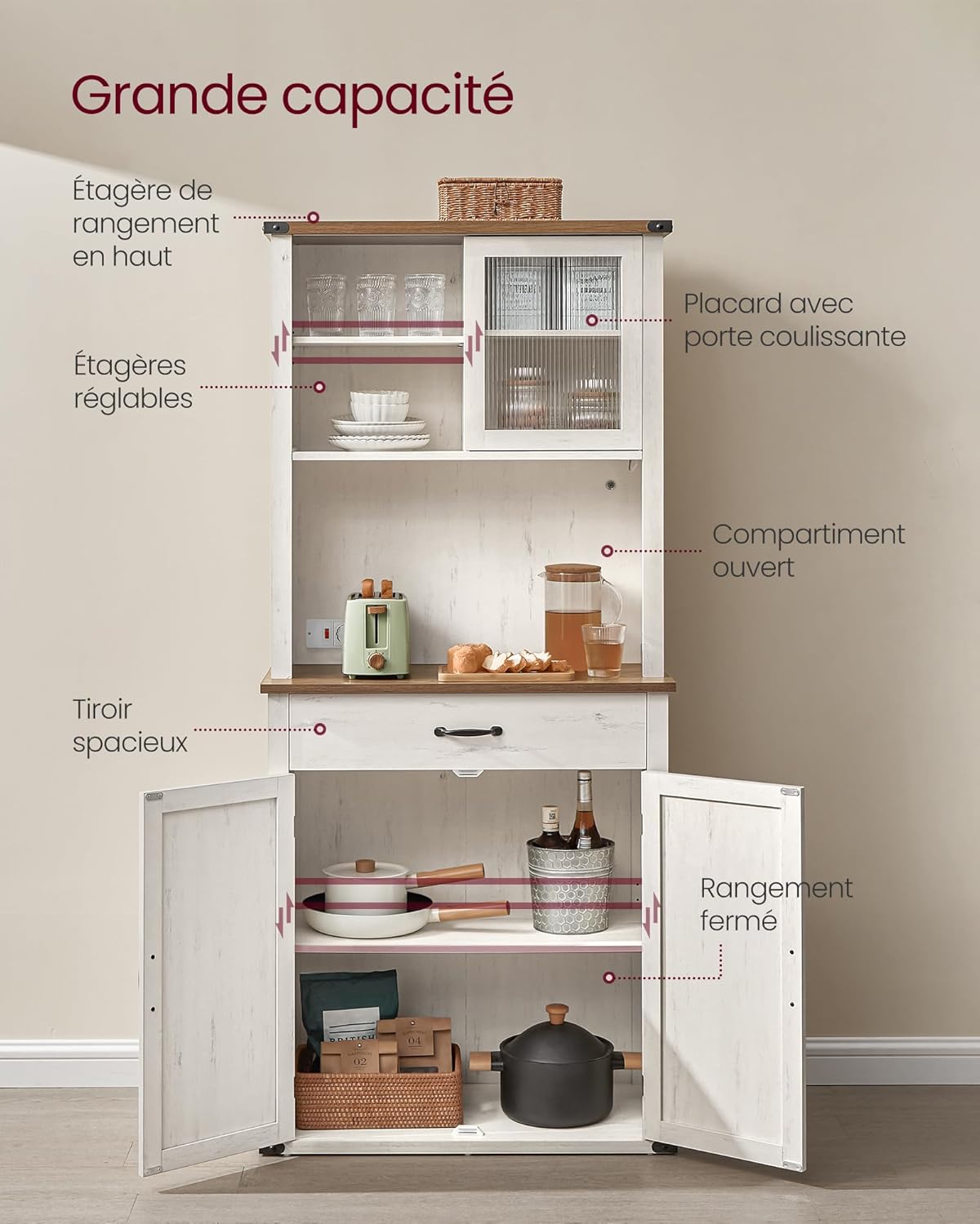 VASAGLE - meuble de rangement campagne, 39,5x80,4x180,6cm, éclairage, étagères, ports USB, BBK363W22V1