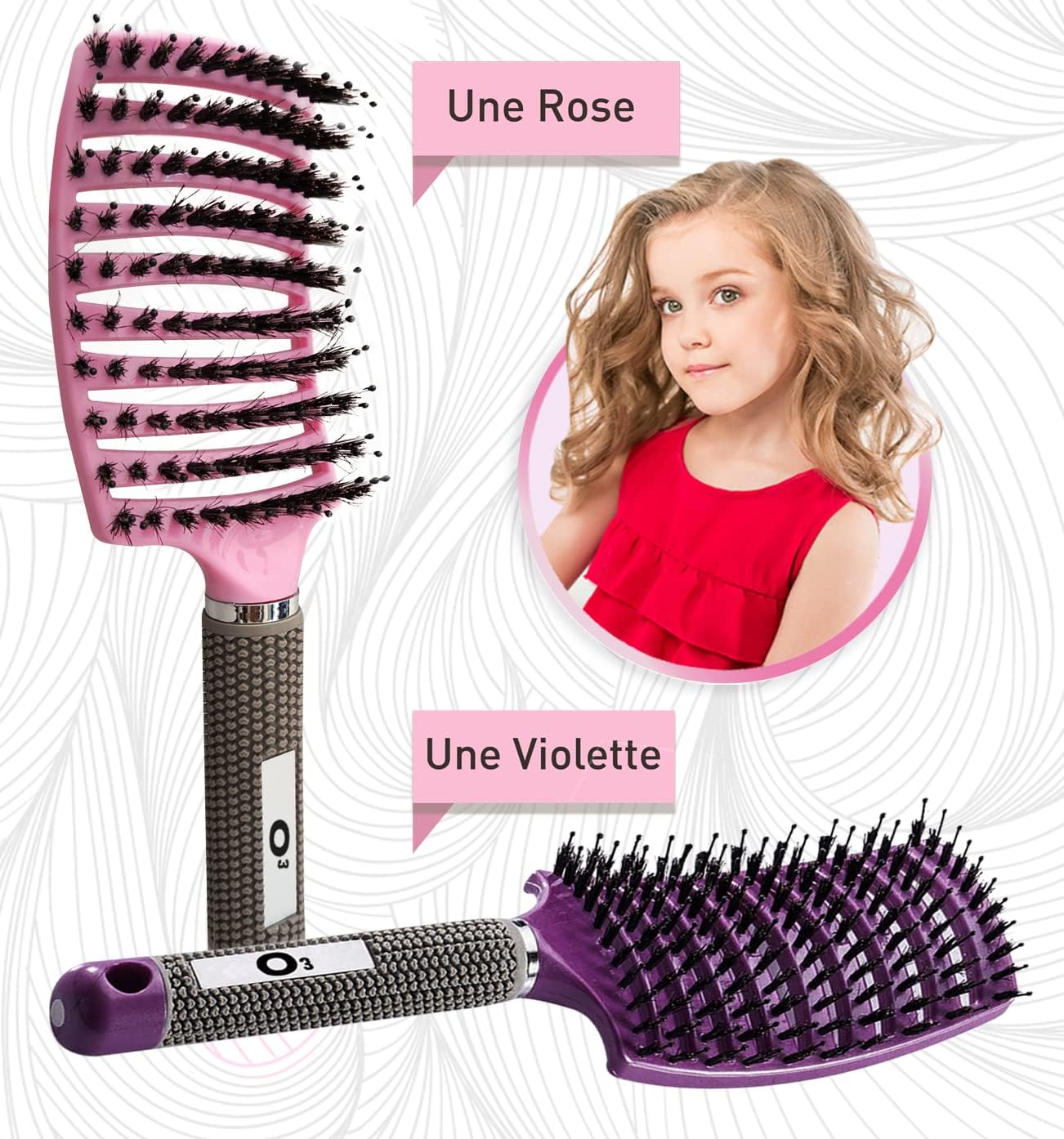 Brosse à cheveux - set 2 pièces - poils de sanglier, rose/violette, démêlage naturel sans larmes