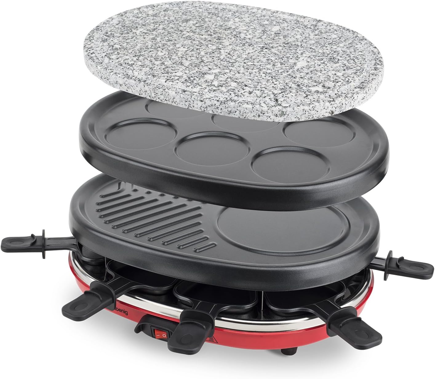H.Koenig - Raclette multifonction 8p - pierre naturelle, 6 mini crêpes, grill, poêlons antiadhésifs - RP412