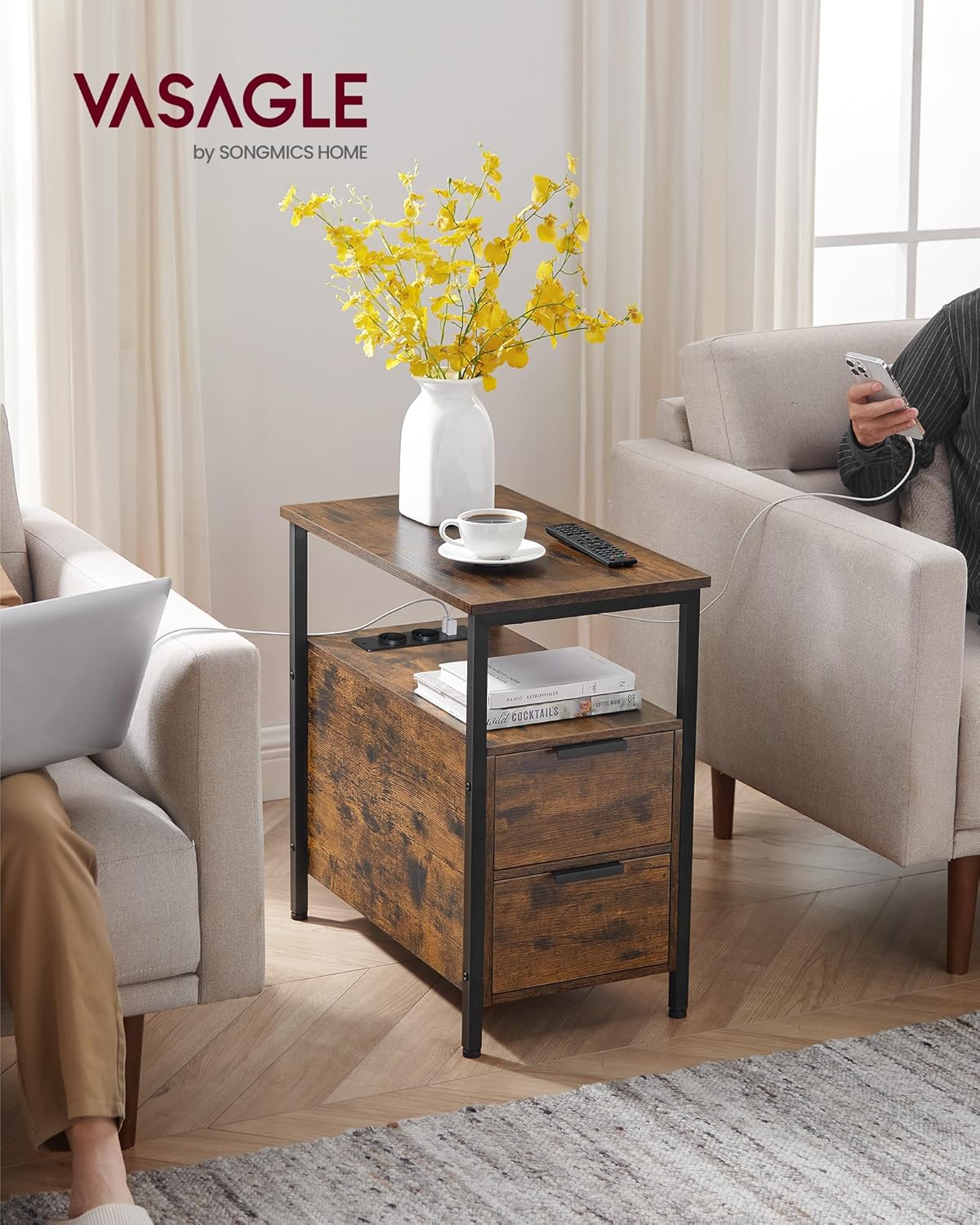 VASAGLE - table d'appoint 2 tiroirs, multiprise, rangement, 35x30x70cm - LET325B01