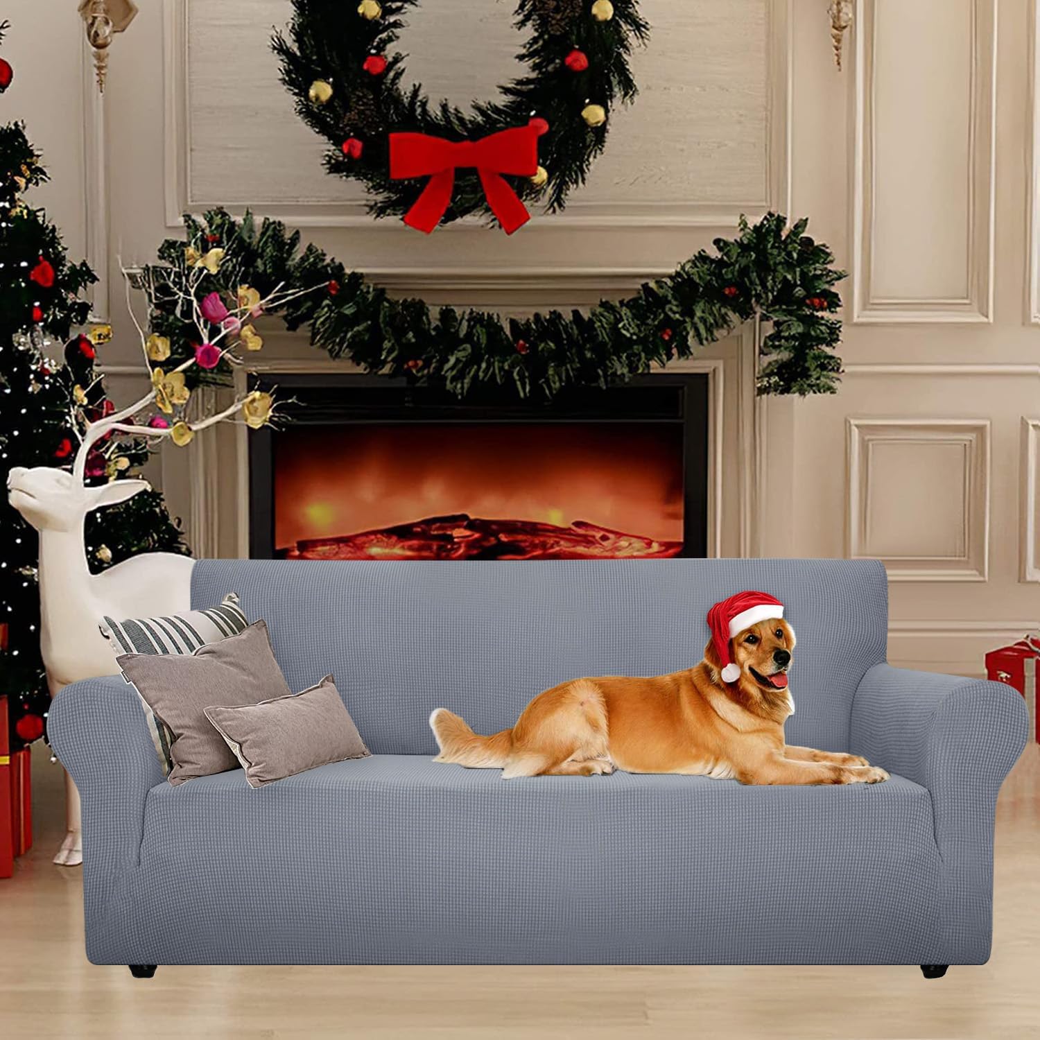 Housse canapé 4 places extensible, antidérapante, lavable, gris clair