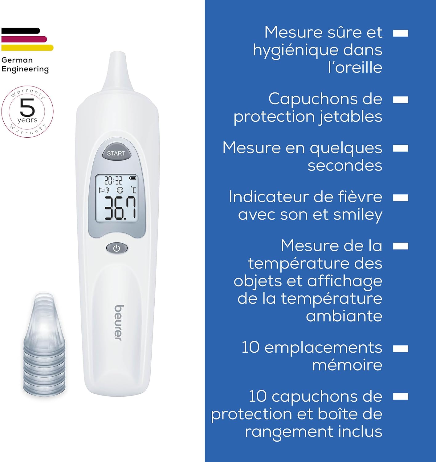 Beurer - FT 58 - thermomètre auriculaire infrarouge, 10 capuchons