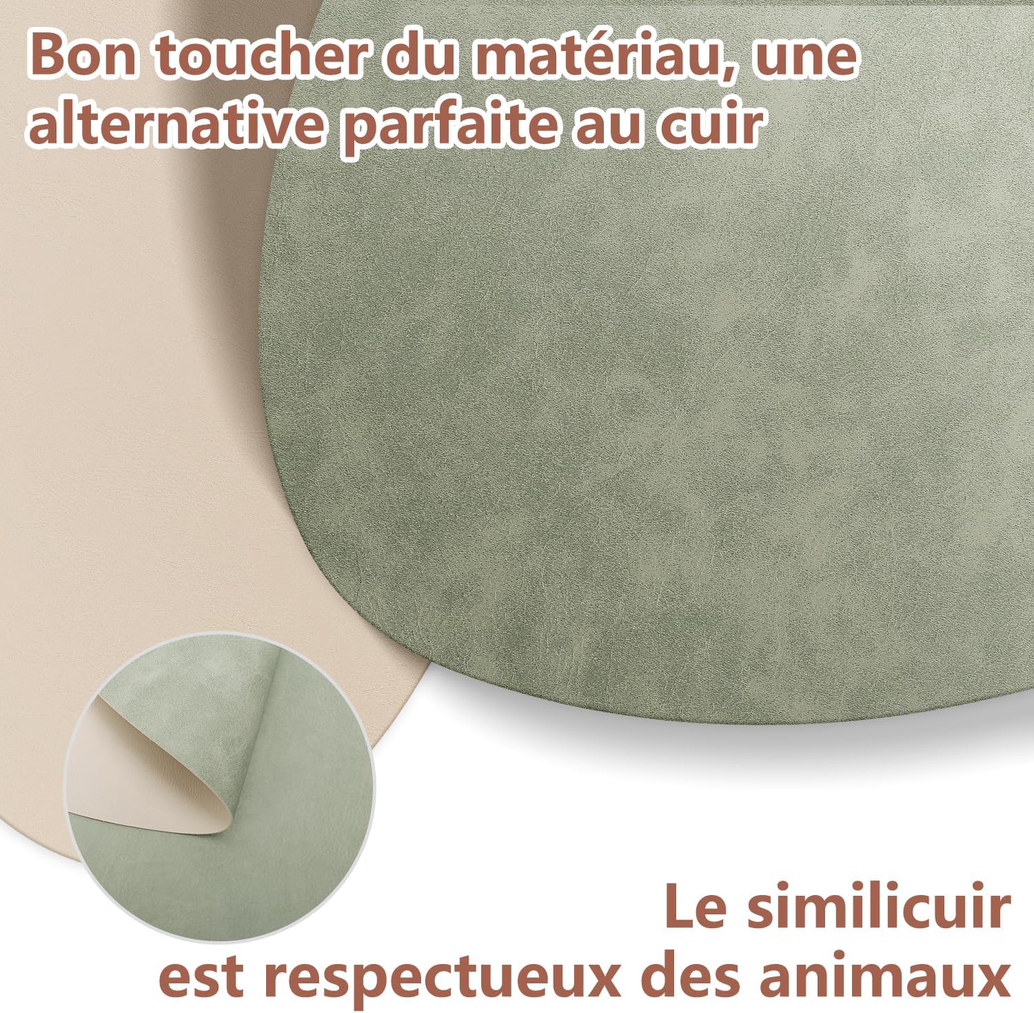 Sets de table - lot de 4 ovales 41x33cm, cuir PU double face, lavables, antidérapants, vert clair/beige