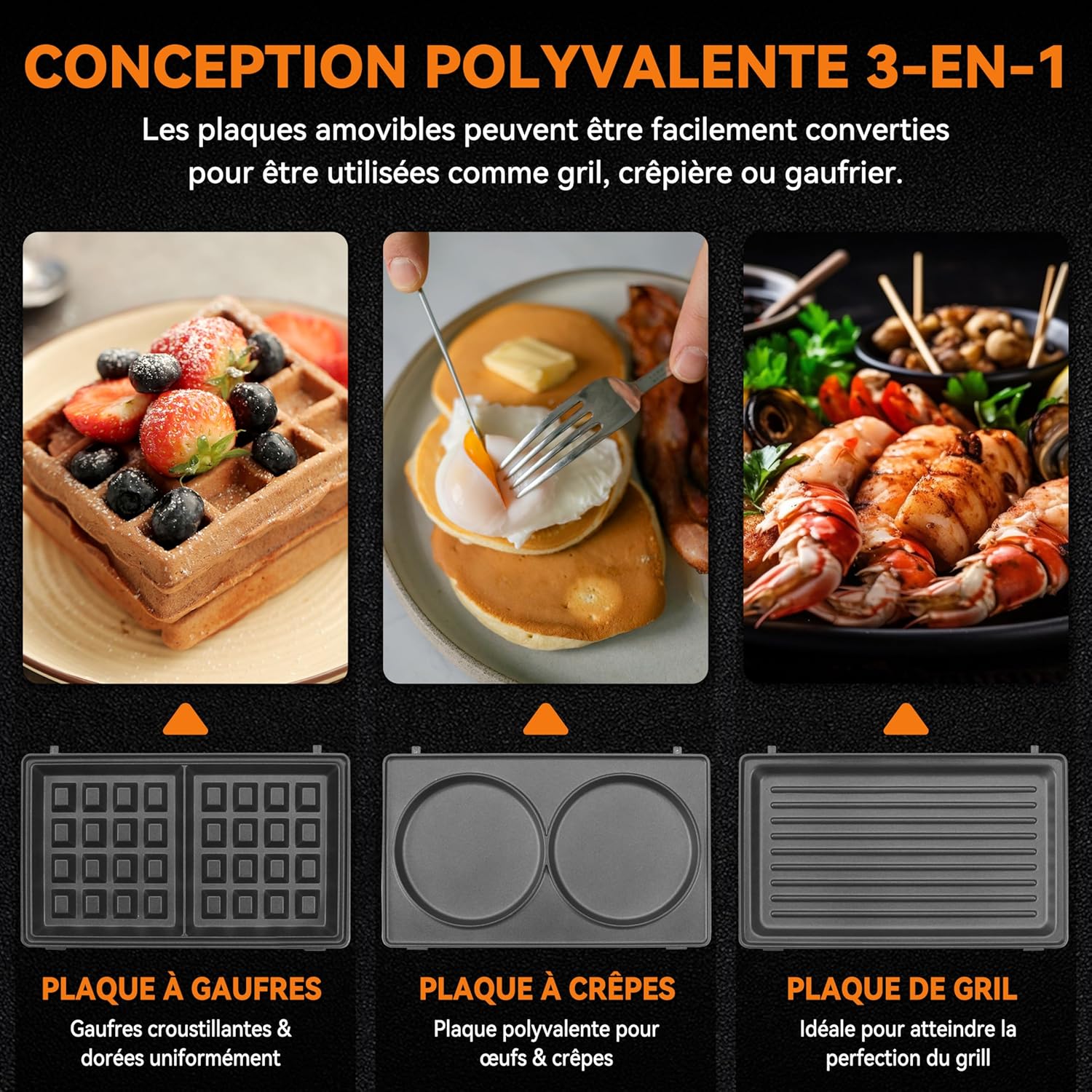 Baker's Friend - gaufrier 3 en 1, plaques amovibles, inox, aqua, antiadhésif