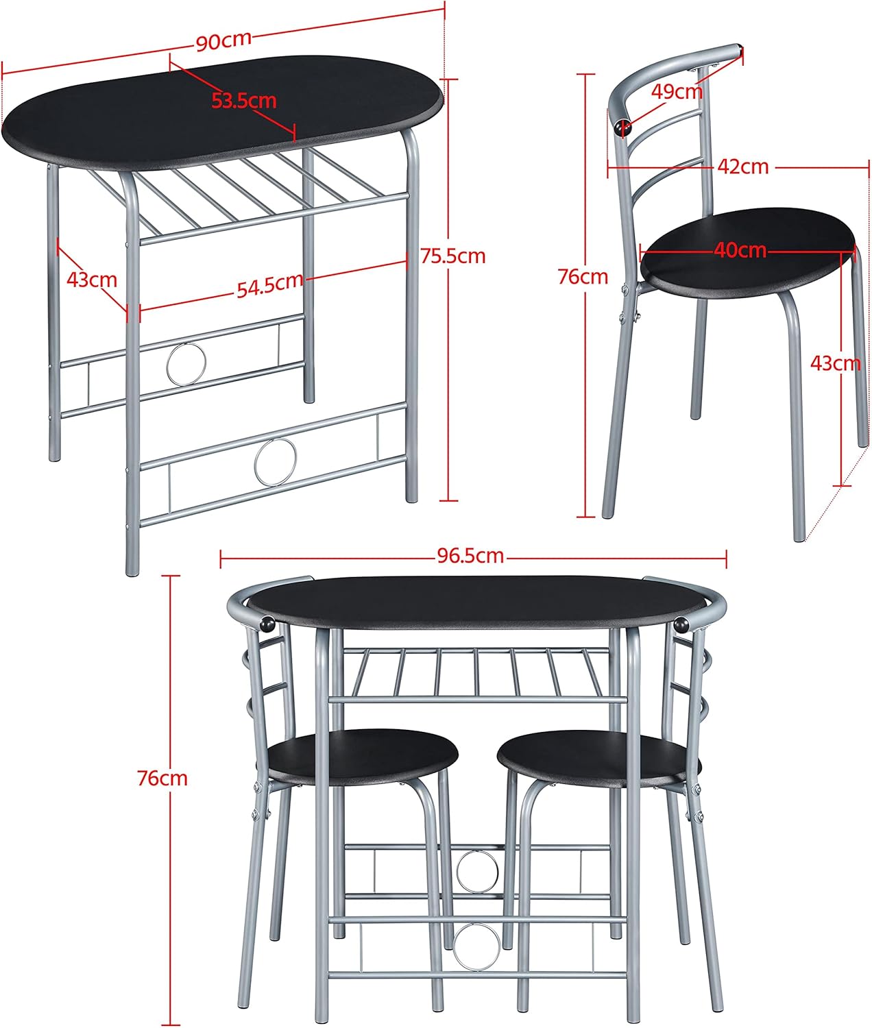 Yaheetech - Ensemble table à manger 3 pièces - 90x53x75,5 cm - MDF métal, 2 chaises, porte-bouteilles