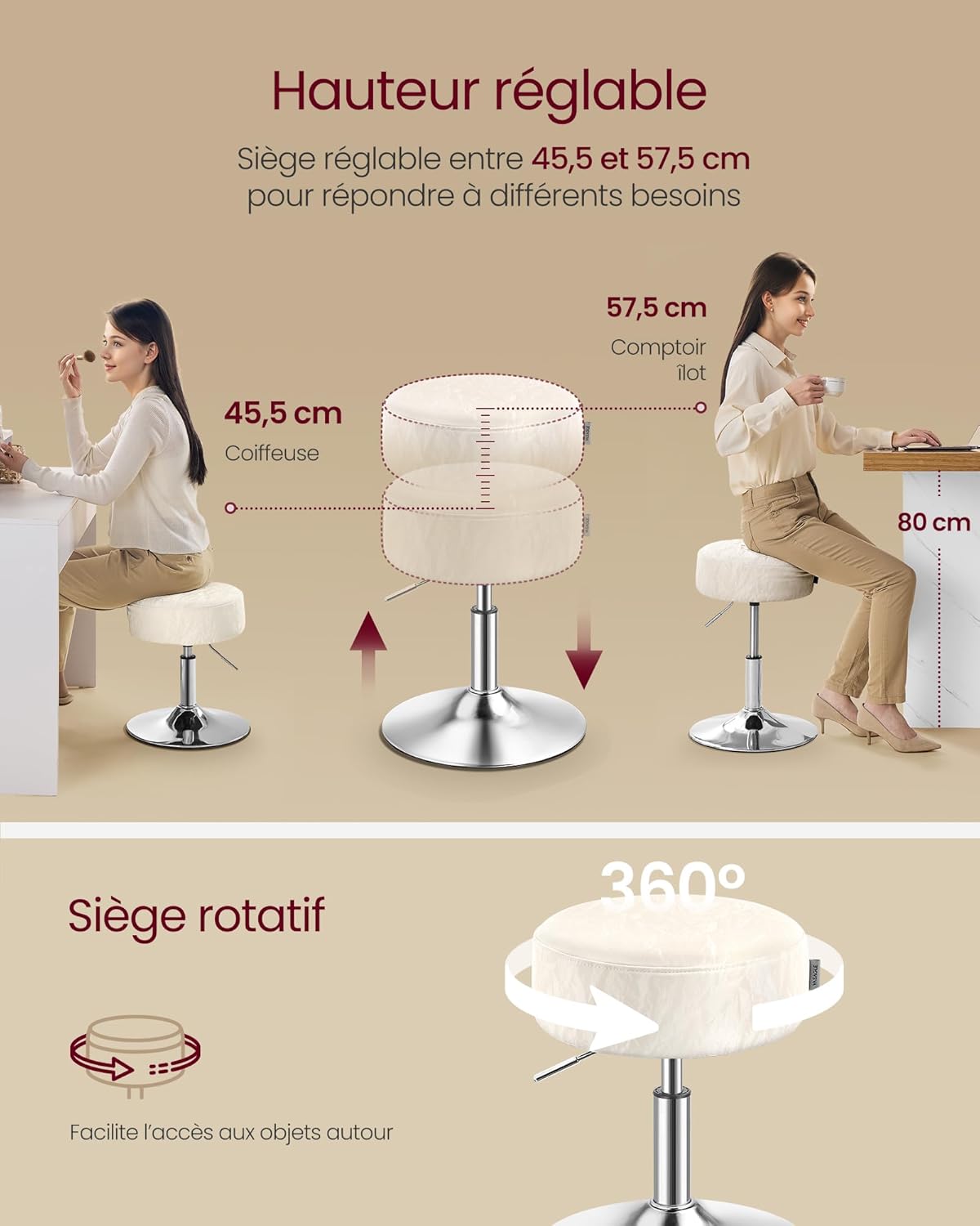 VASAGLE - tabourets de bar réglables, PU, coussin épais, blanc crème ZH2504015