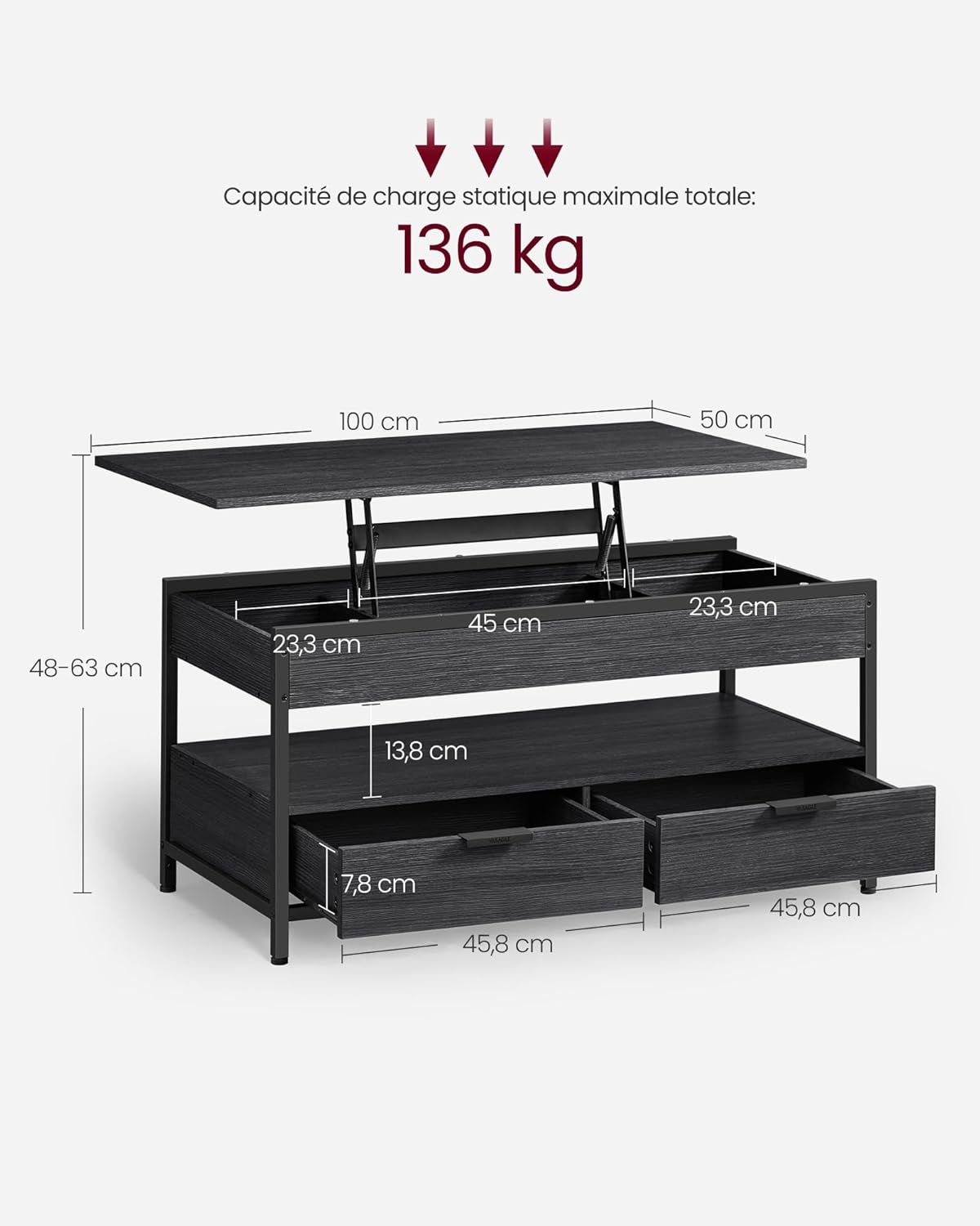 VASAGLE - table basse relevable série LCT209B22, tiroirs et rangement, gris anthracite  LCT209B22