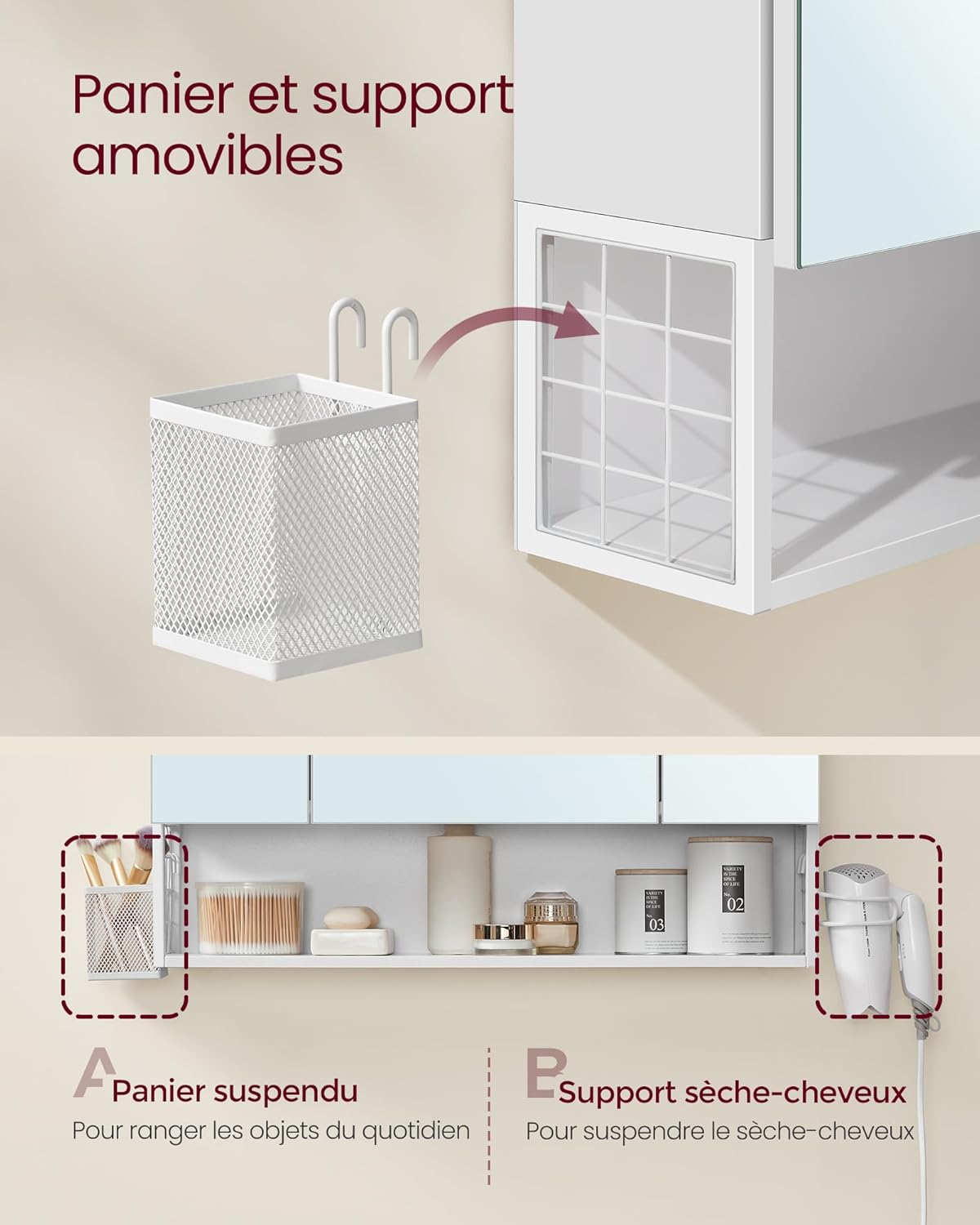 VASAGLE - meuble salle de bain LED, 16.5x70x75 cm, multiprise, BBK126W01