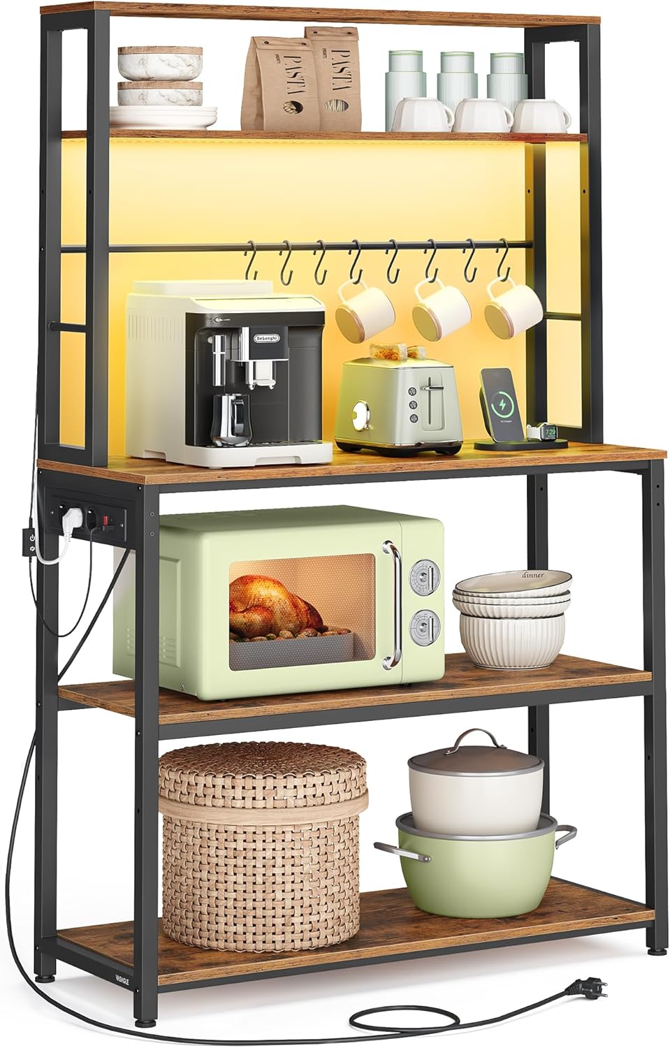 VASAGLE - étagère cuisine LED, multiprise, 8 crochets - 40x80x168,4 cm - KKS050KD01