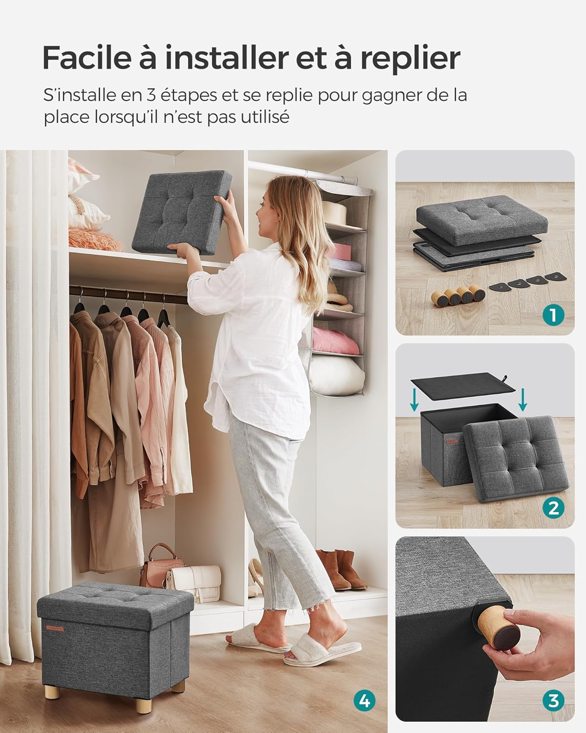 SONGMICS - Tabouret pliable 32x40x33,5 cm, rangement, 300 kg, LSF012G11