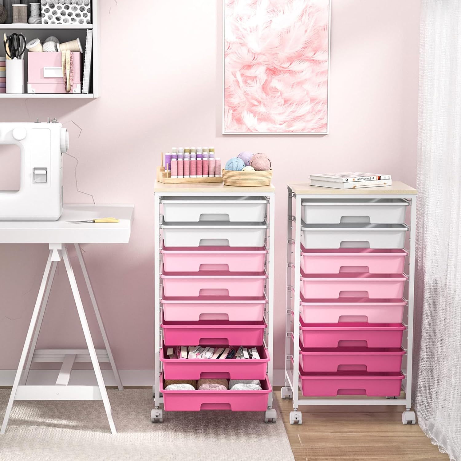 Chariot de Salle de Bain - 8 tiroirs, roulettes, plateau bois, rose, grande capacité