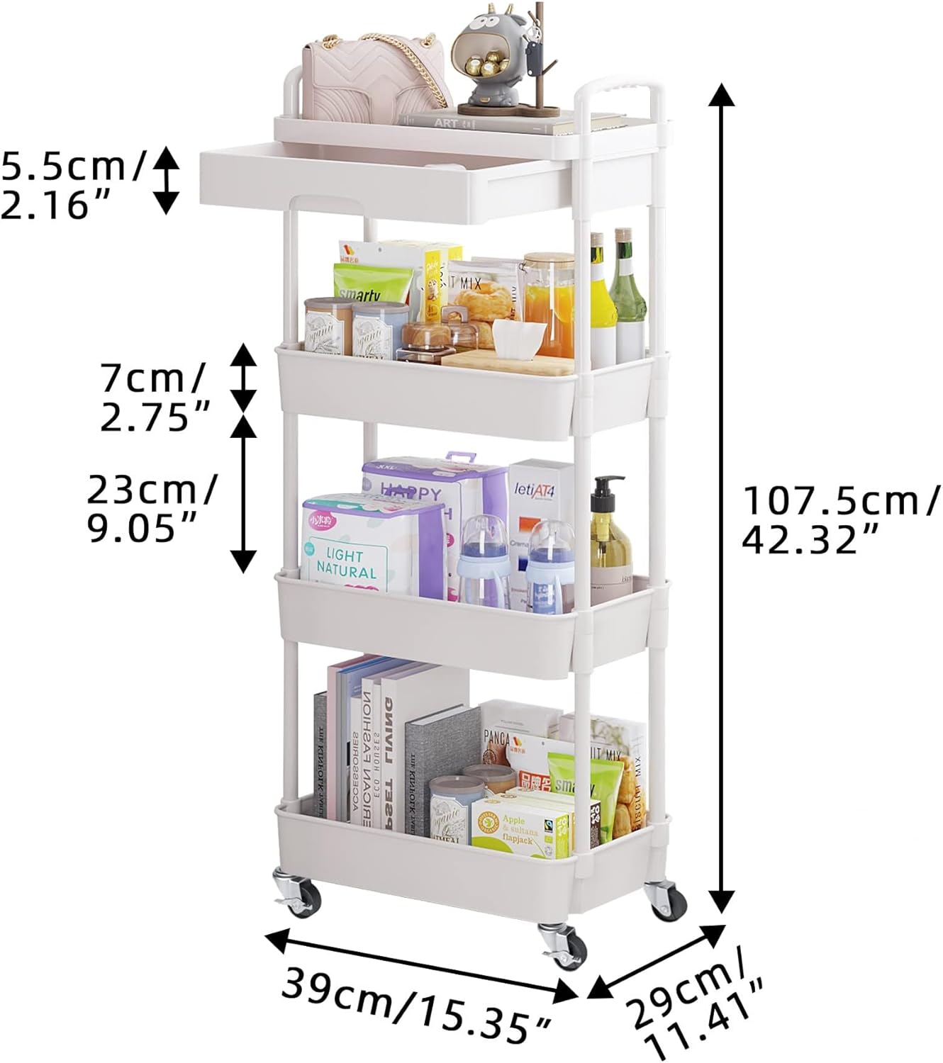 Chariot de rangement - 3/4 niveaux - à roulettes, plastique, tiroirs