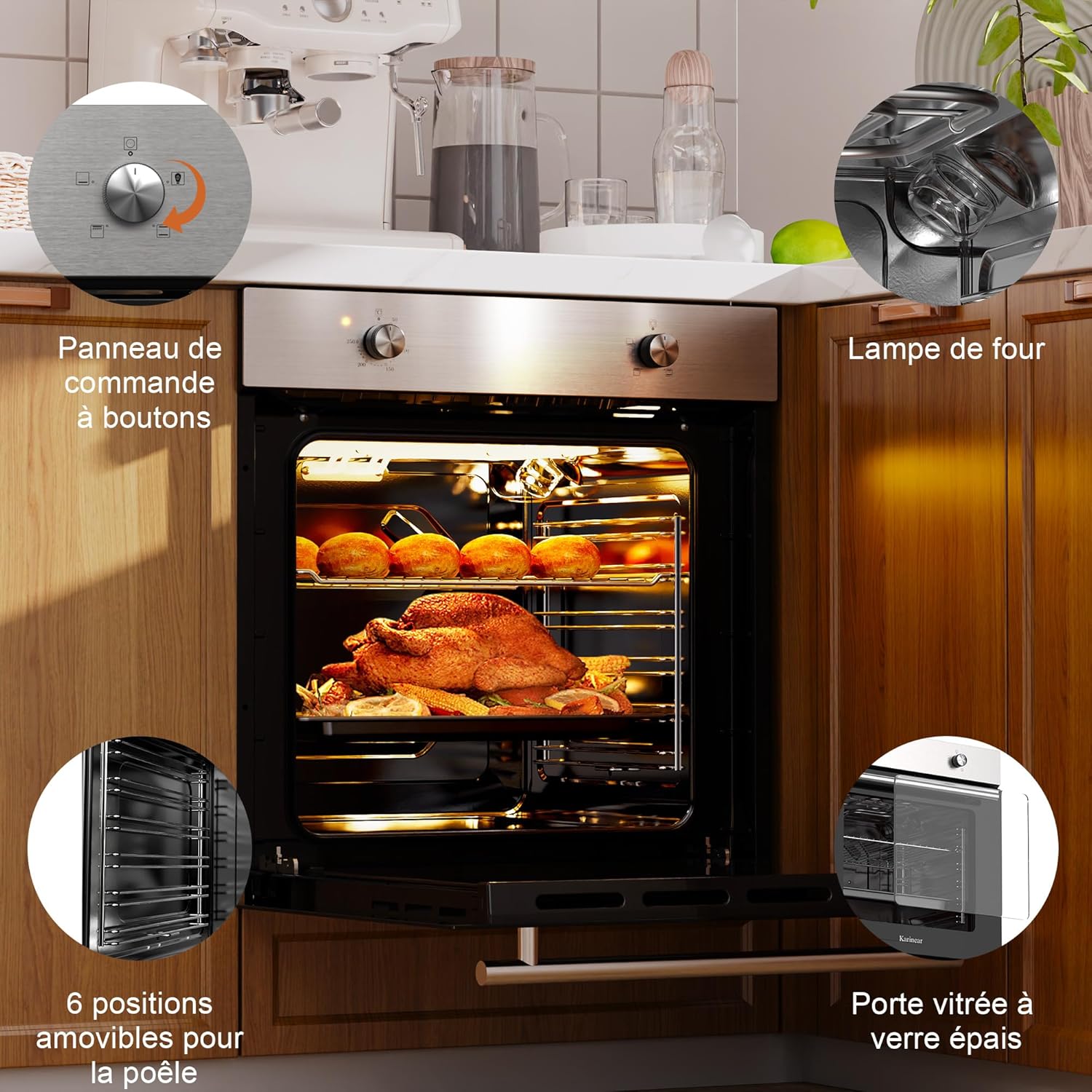 Karinear - Four électrique encastrable 60cm, 65L, 2200W, inox