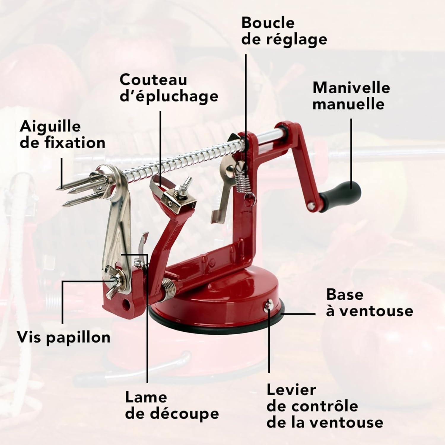 Baumalu - éplucheur de pommes, métal, 25,5x15x11cm, poignée fixe, ventouse