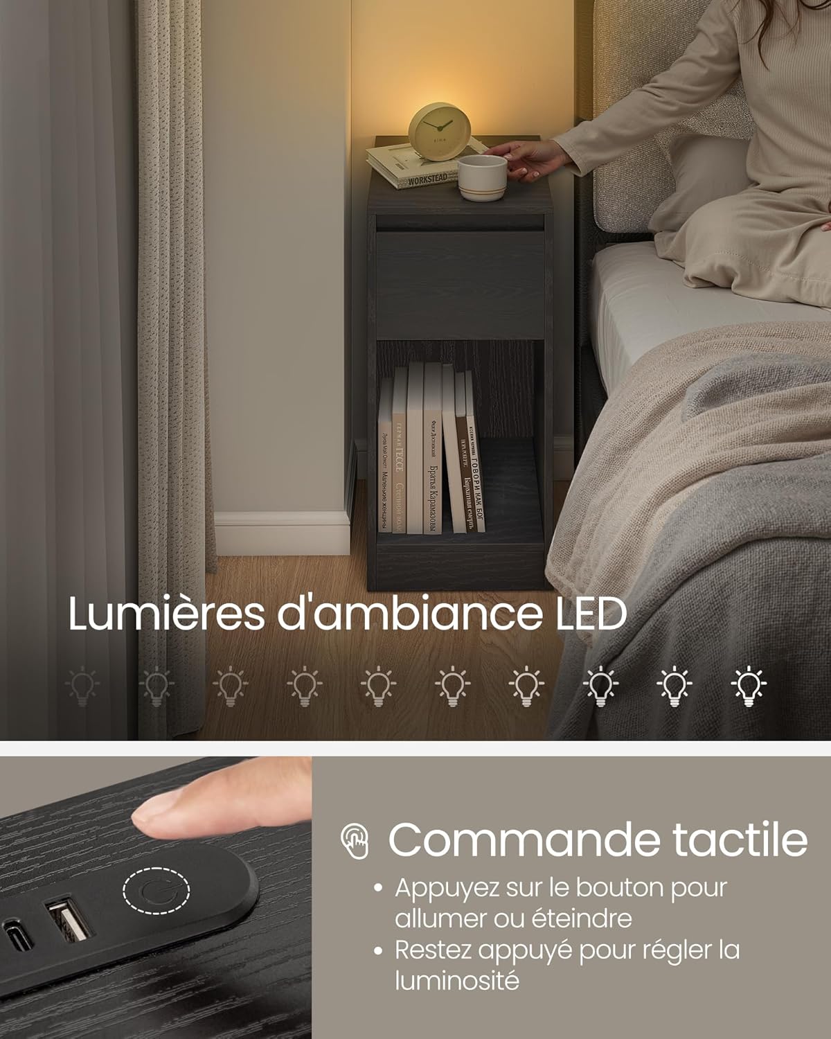 VASAGLE - lot de 2 tables de chevet LED, ports USB, tiroirs, LET710B01