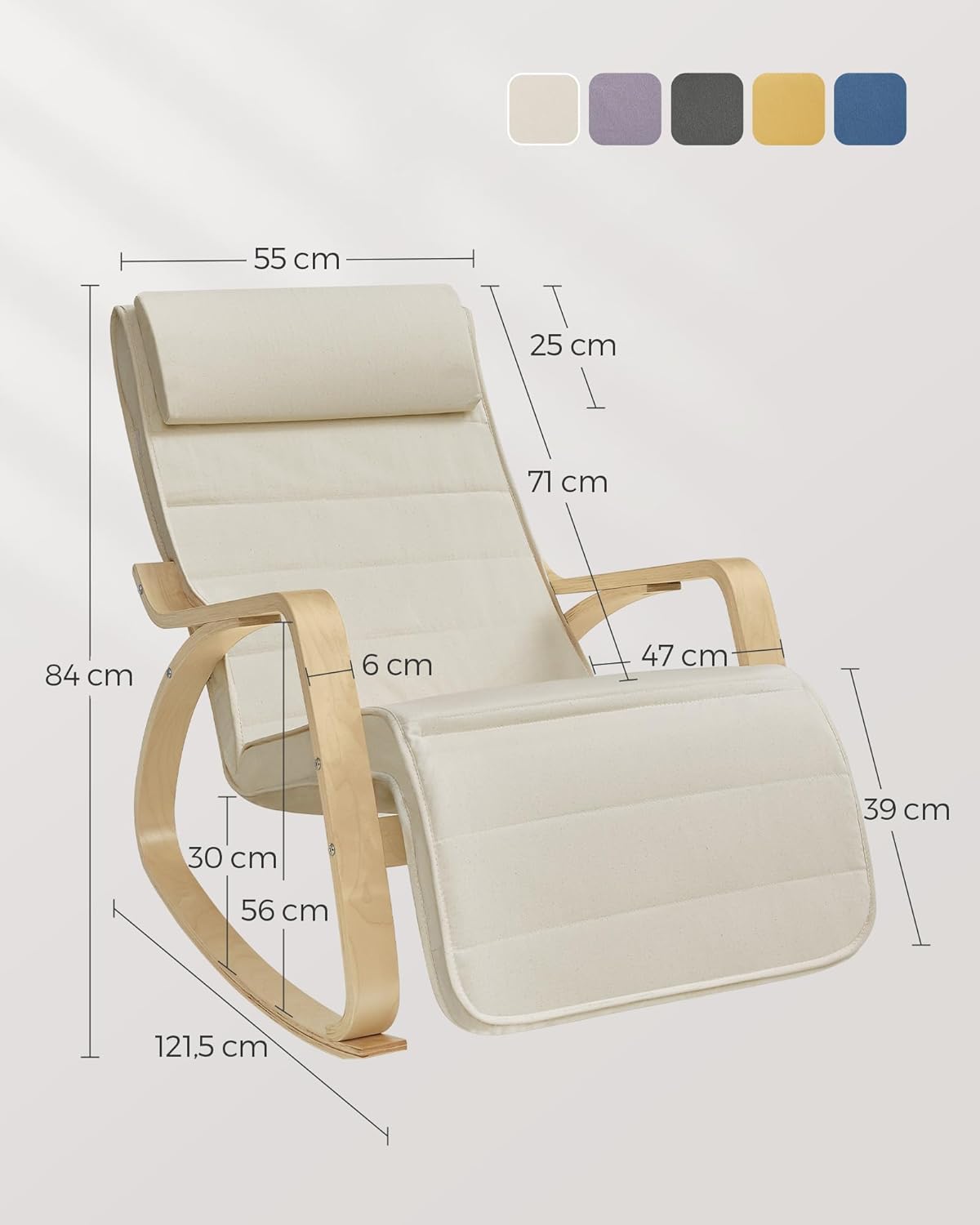 SONGMICS - fauteuil à bascule avec accoudoirs bois, 121,5x67x84 cm, dossier et repose-pieds réglables, 150 kg max, LYY01