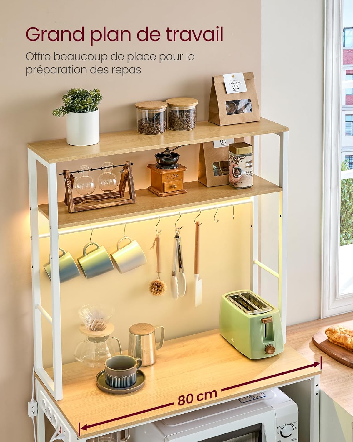 VASAGLE Étagère de Cuisine avec LED, Meuble de Cuisine avec Multiprise, Support pour Micro-Ondes avec Étagères Réglables, 8 Crochets, 40 x 80 x 168,4 cm, Doré Chêne et Blanc Mat KKS050YA01