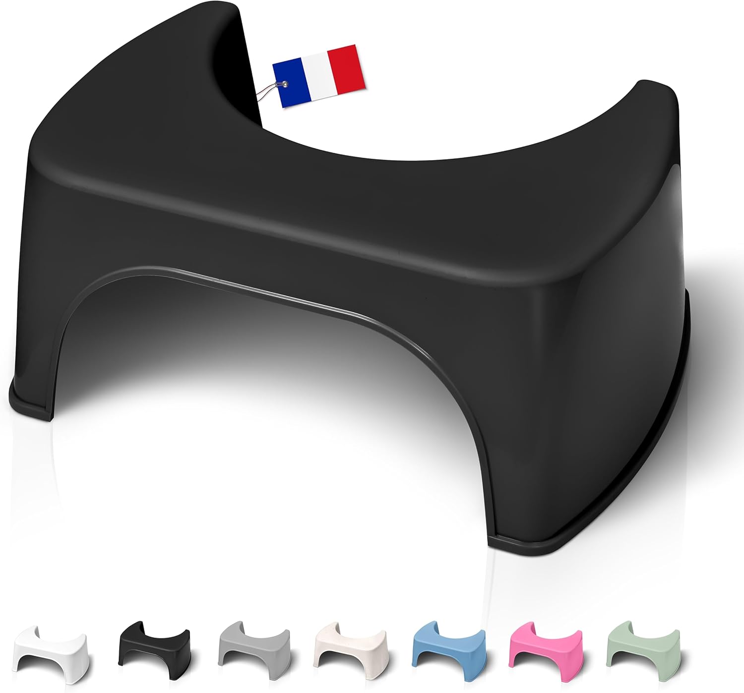 Tabouret de toilette - plastique recyclé noir - fabriqué en France - position squat anti constipation - dimensions compa