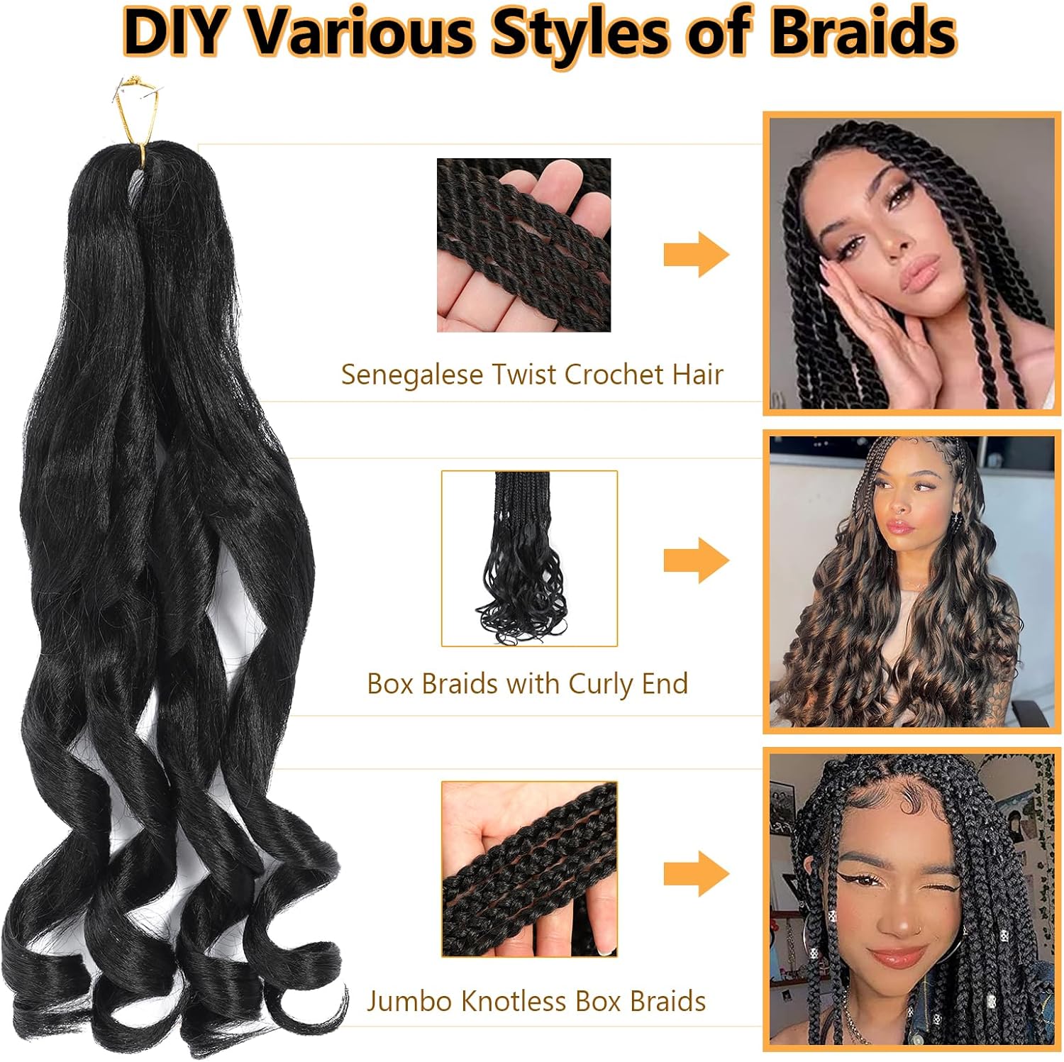 French Curl Braids - 16 pouces - 8 packs, boucle, synthétiques