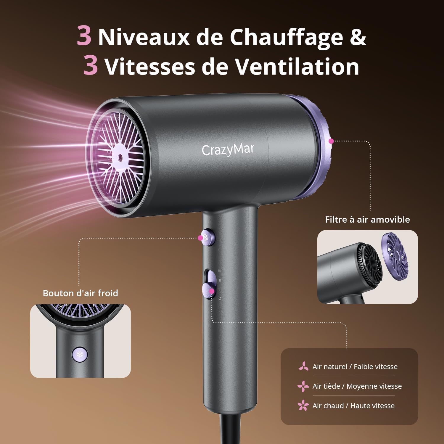 Sèche-cheveux professionnel - compact léger - ions négatifs, 3 vitesses, diffuseur - 350M