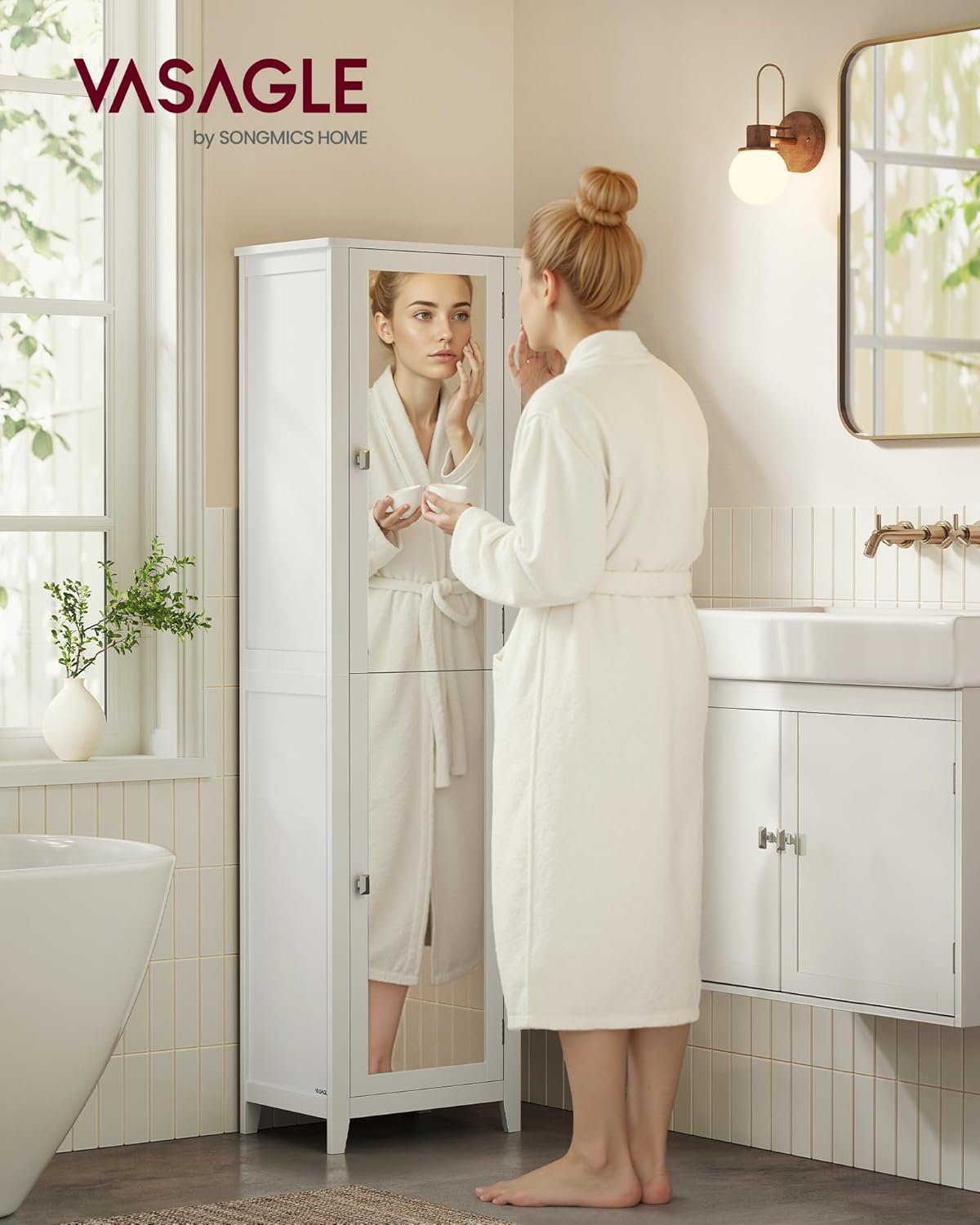 VASAGLE - Armoire salle de bain, miroir, étagères, 30x40x160cm BBC764WH01