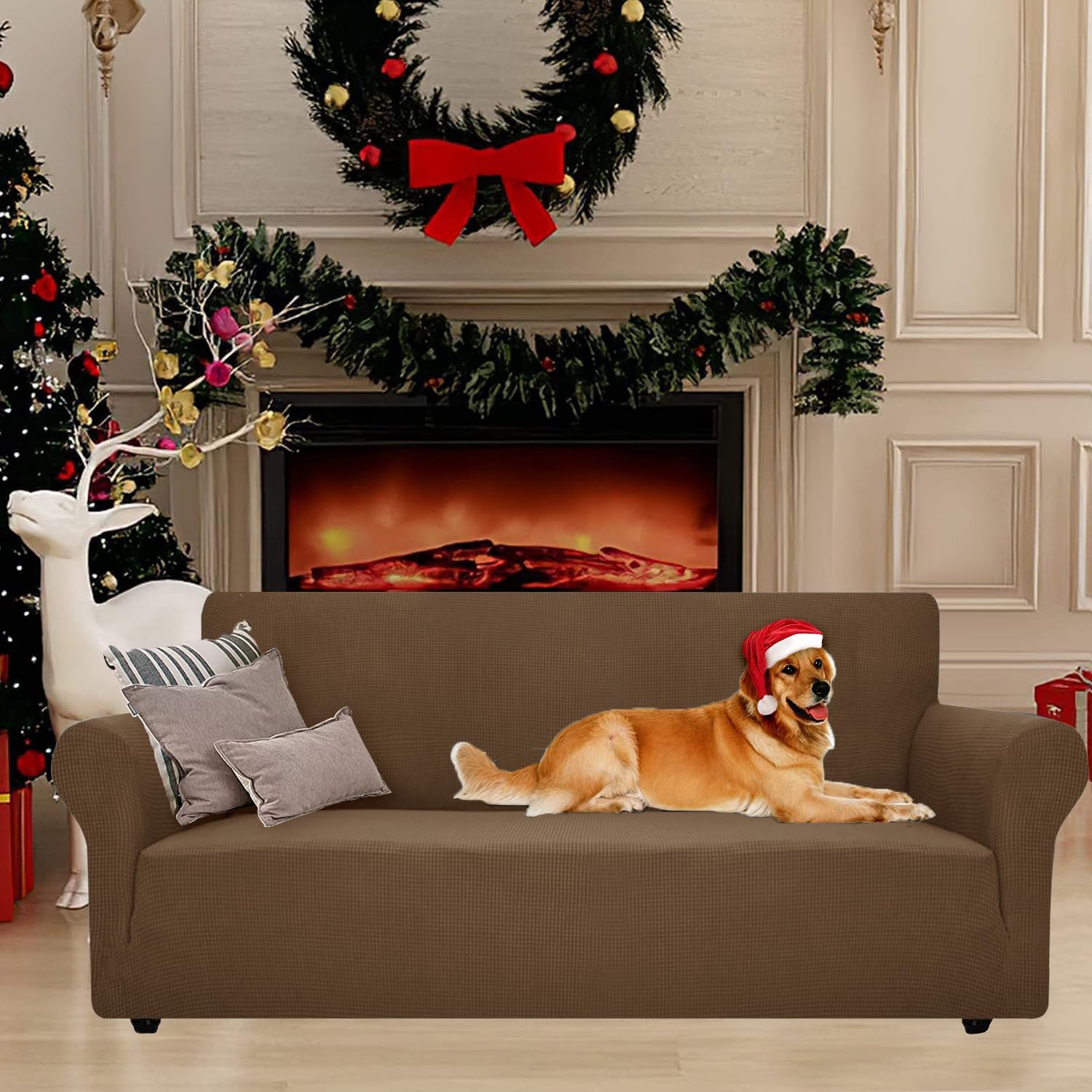 Housse canapé 2 places - extensible, lavable, antidérapante, marron