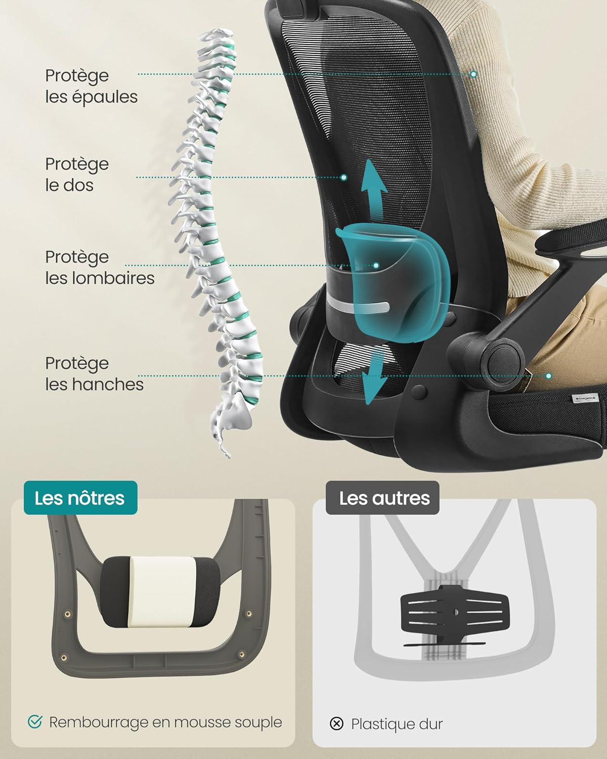 SONGMICS - chaise bureau ergonomique - 53 cm - tissu maille, support lombaire, accoudoirs rabattables OBN37BK