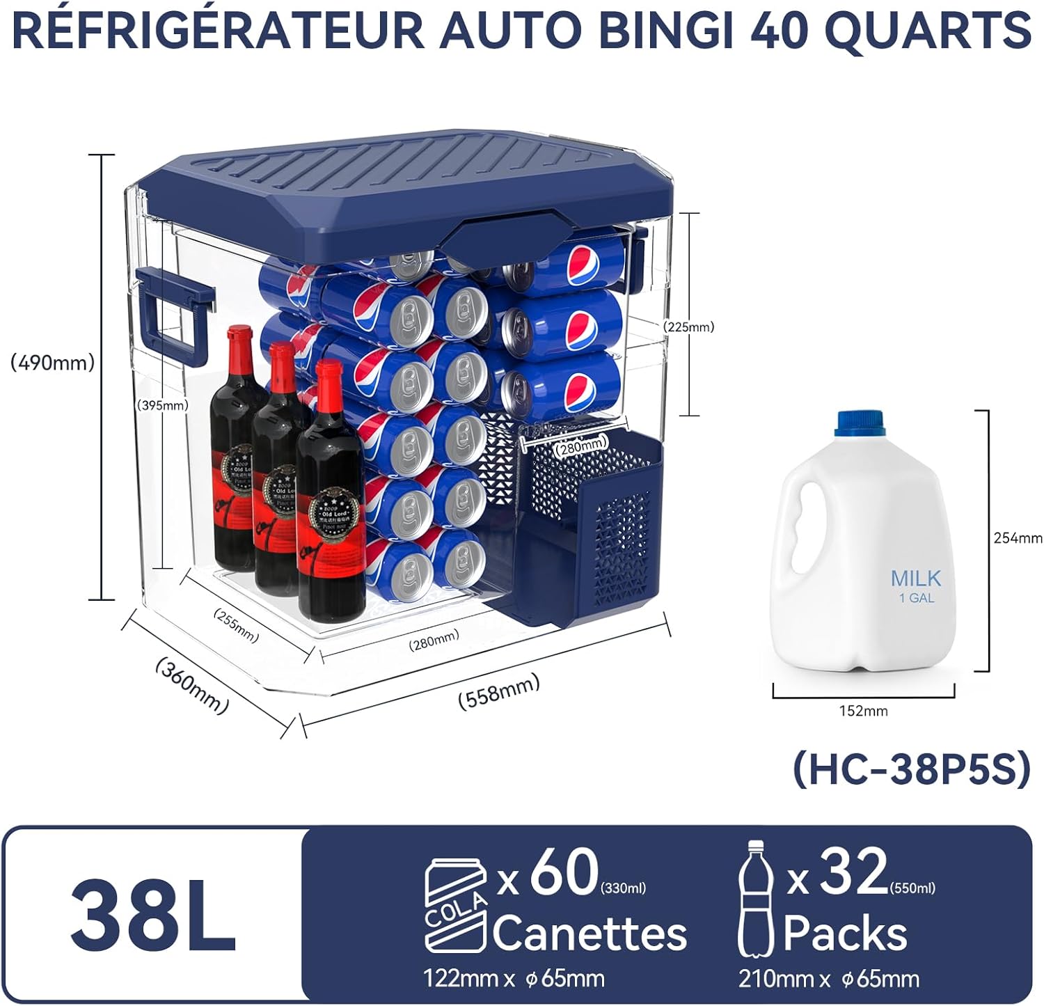 BINGI - glacière électrique 38L - jusqu’à -18°C, multi-voltage, portable