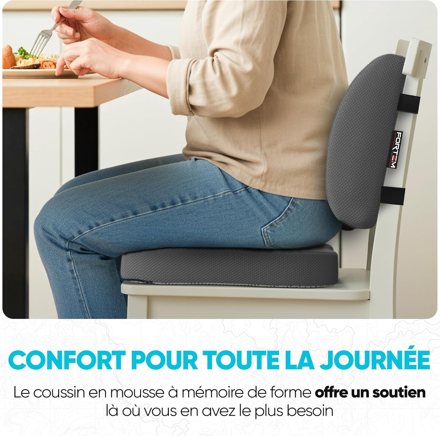 FORTEM - Coussin lombaire/assise, mousse mémoire, antidérapant, confort dos, chaise et auto