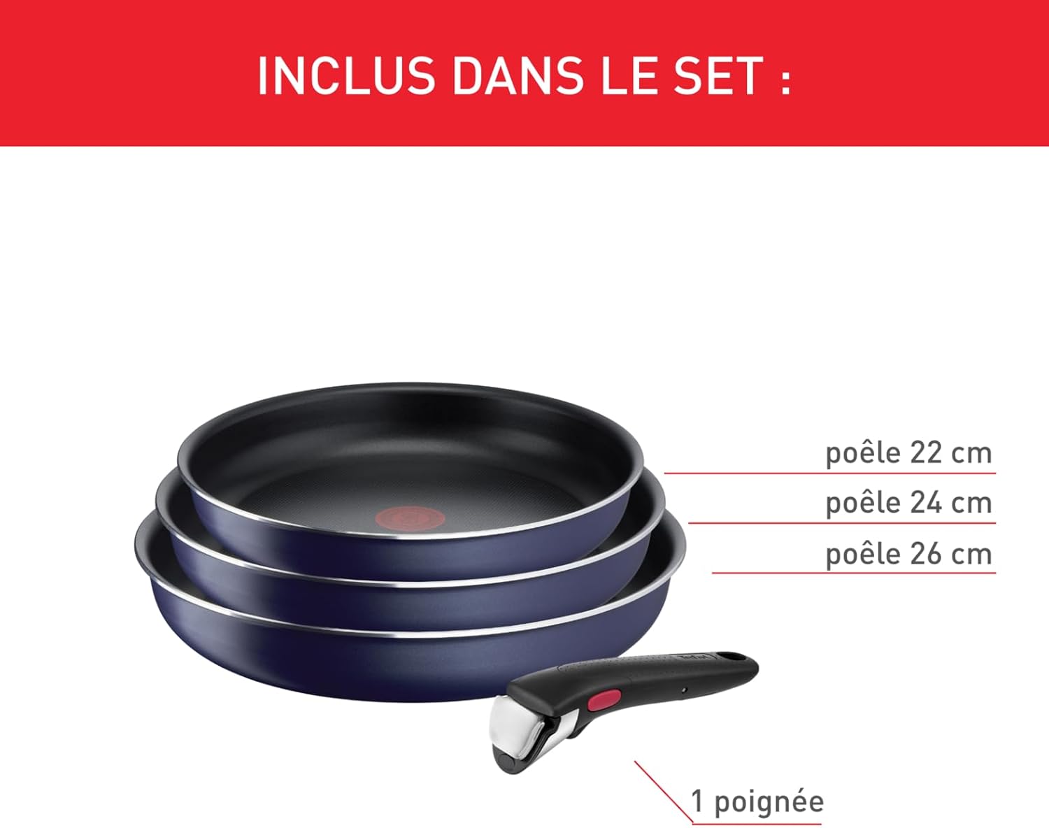 Tefal - Ingenio Easy Cook N Clean - 3 poêles 22/24/26 cm, poignée amovible, antiadhésif, sans induction, L1579002