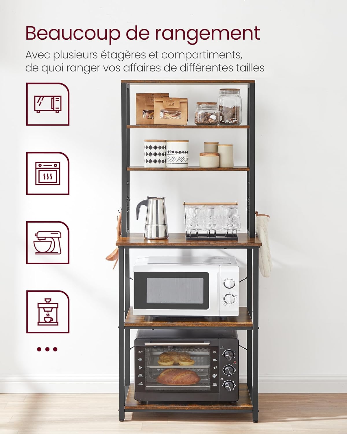 VASAGLE - étagère cuisine, acier, 40x60x167 cm, 6 niveaux, rustique - KKS024B01