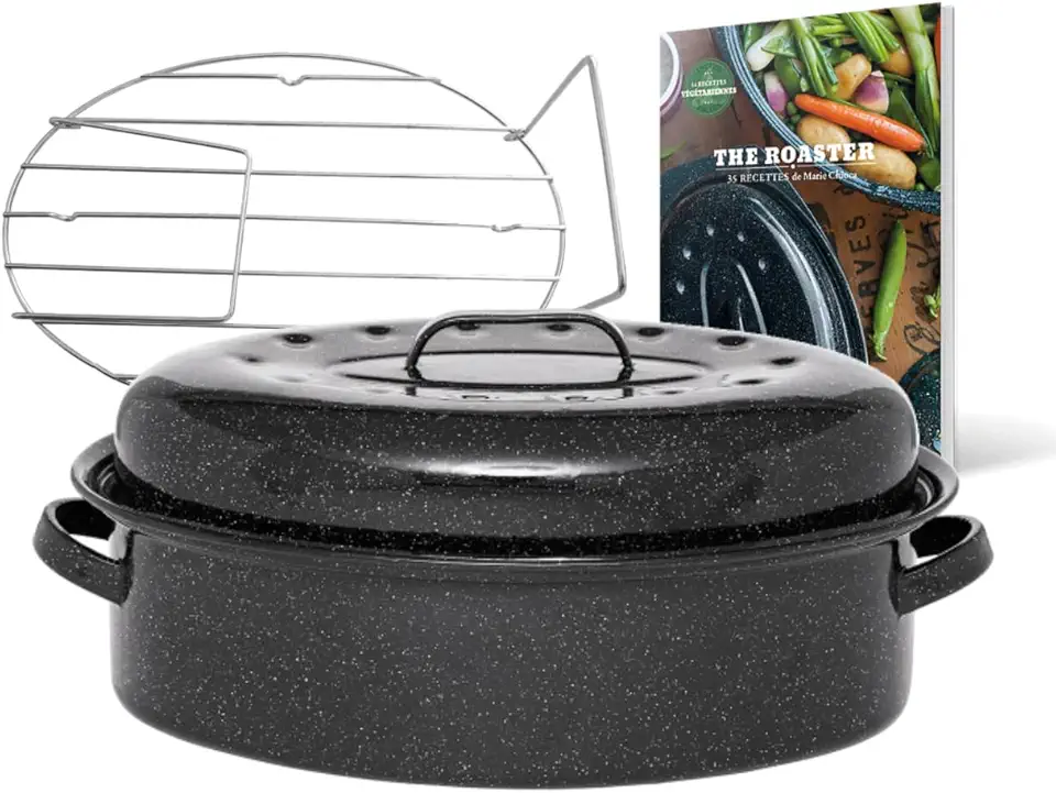 Graniteware - cocotte roaster grande capacité - acier émaillé, grille inox, livre de recettes