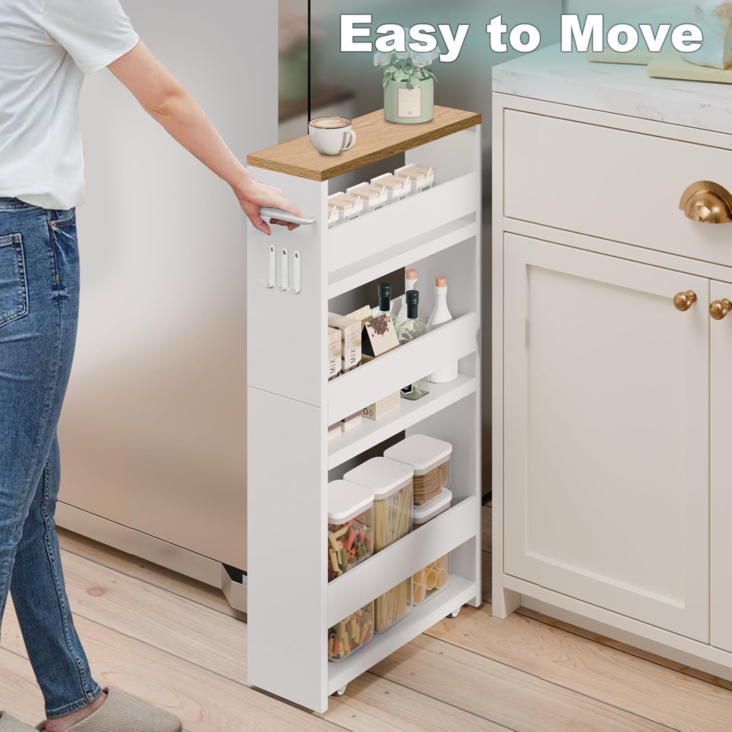 Desserte à roulettes - chariot 4 niveaux, 40x15x80 cm, bois clair et blanc