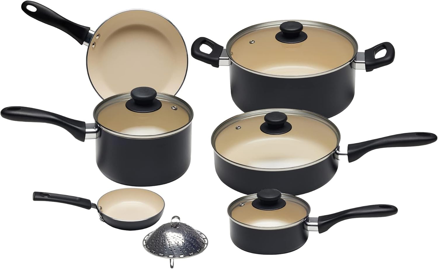 Amazon Basics - Set 11 pièces antiadhésif céramique - noir/crème - casseroles et poêles