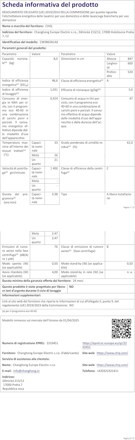 CHiQ - lave-linge 8 kg - écran LED tactile, vapeur, 1400 tr/min - CW086581AX