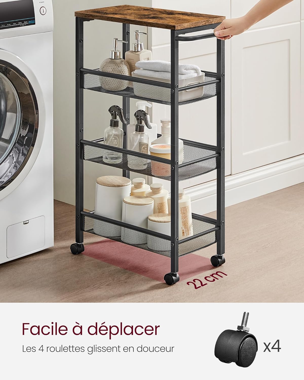 VASAGLE - desserte 4 niveaux - 22x45,4x77cm - acier, roulettes, poignée, LRC033B01