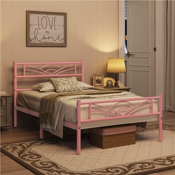 Yaheetech - lit simple métal 90x200 cm, montage facile, rose