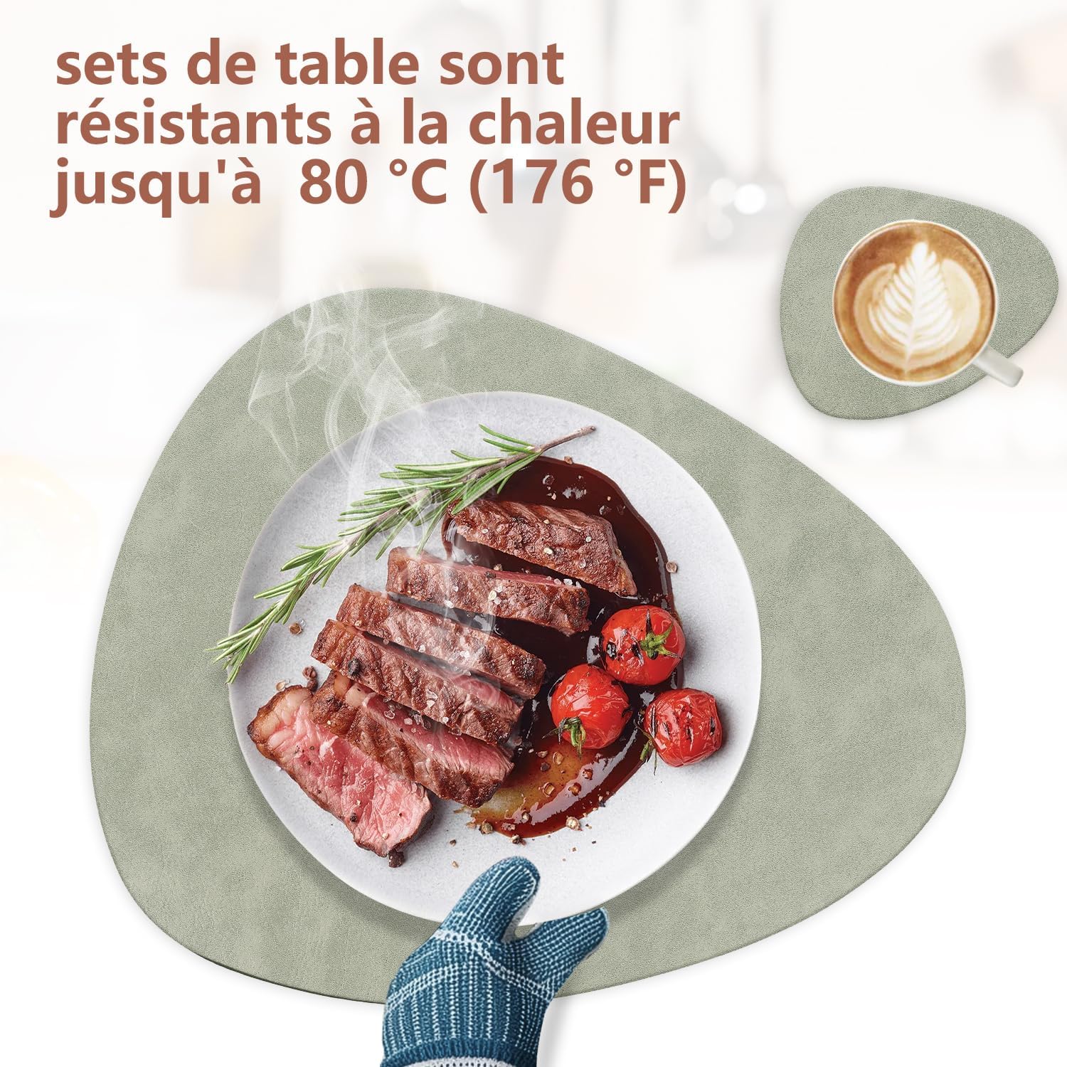 Sets de table - lot de 4 ovales 41x33cm, cuir PU double face, lavables, antidérapants, vert clair/beige