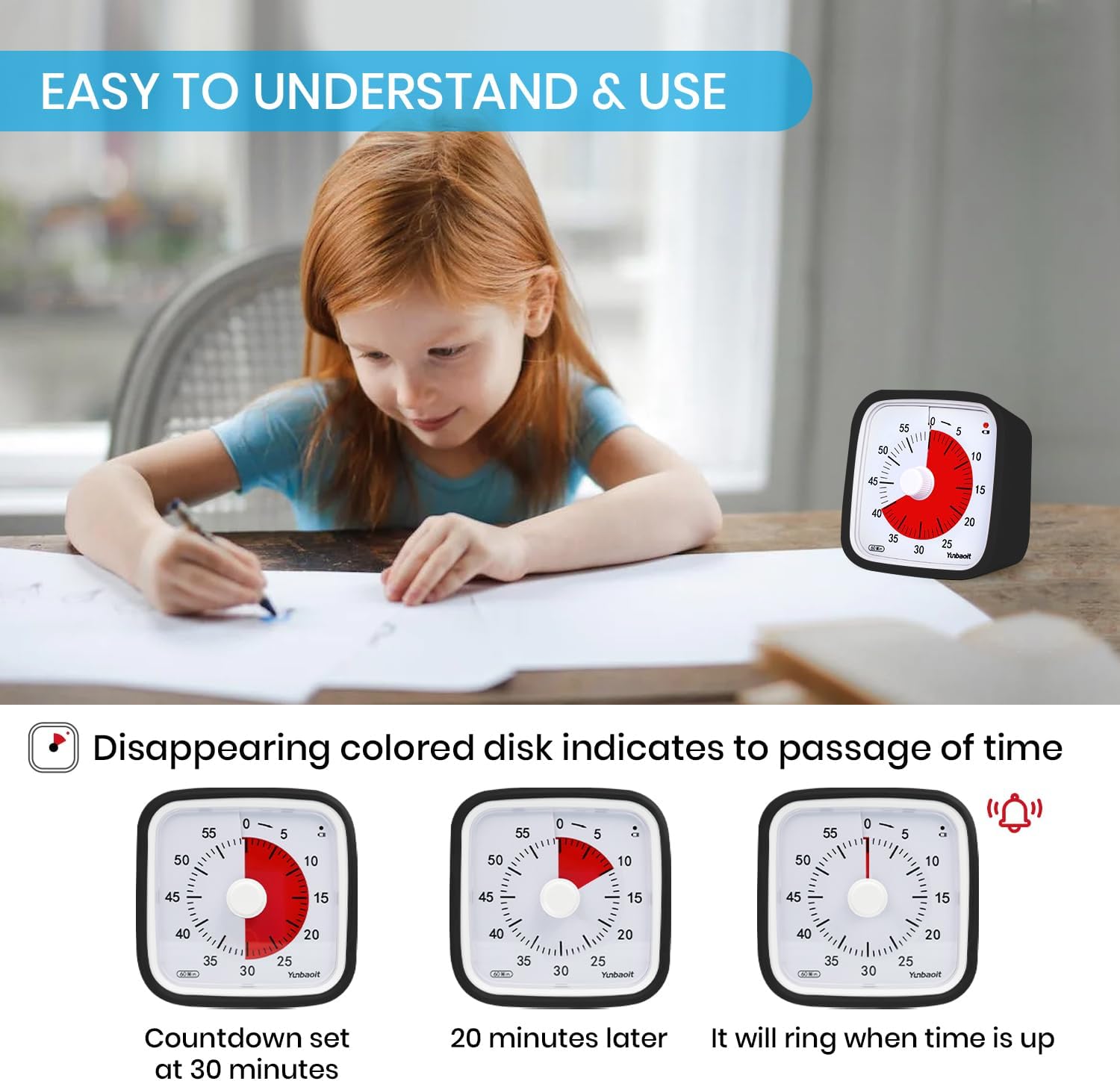 Yunbaoit - Minuteur Visuel - 60 min - silencieux, étui, rappel batterie